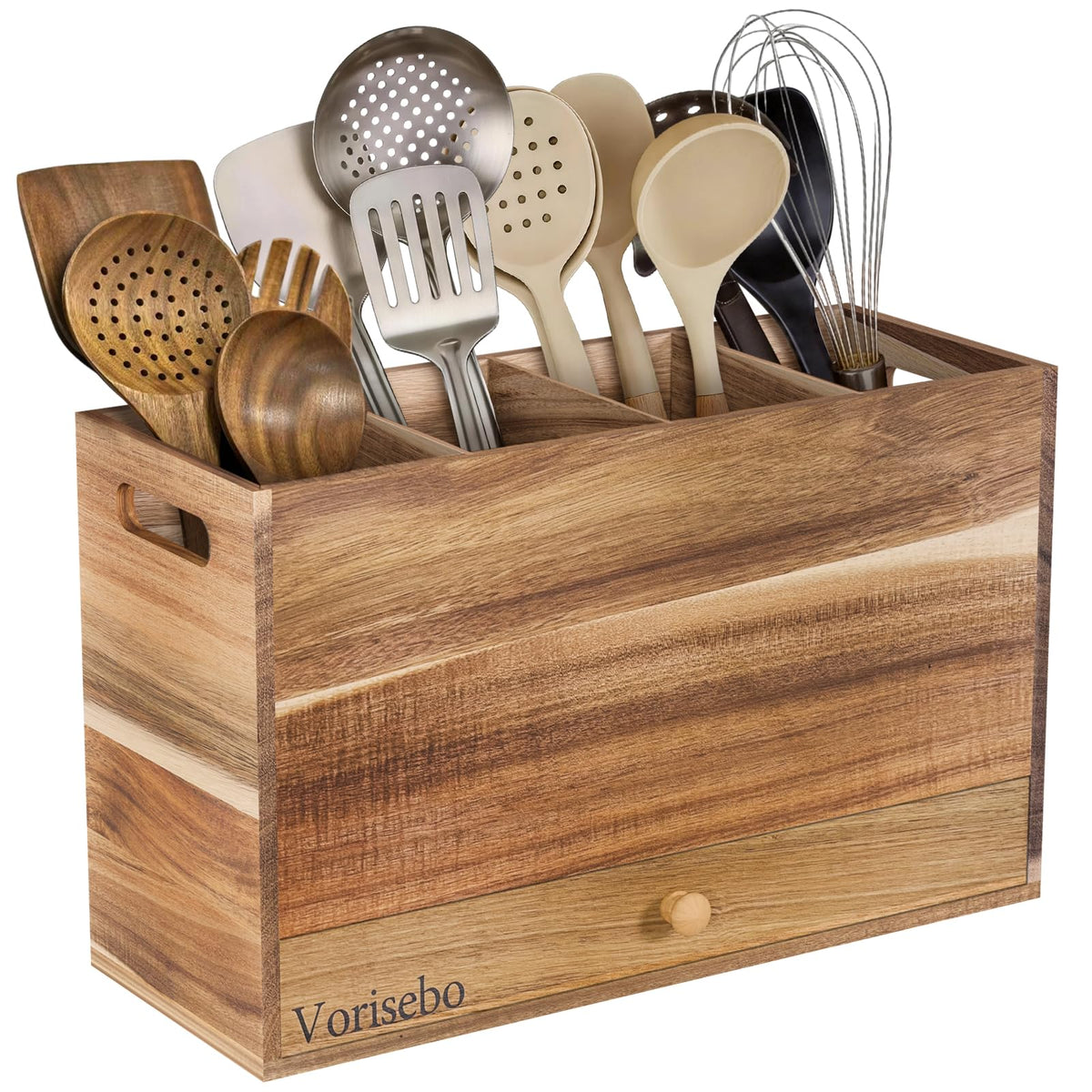 Vorisebo Acacia Wood Kitchen Utensil Holder for Countertop, Large Wooden Utensils Holder with 4 Compartment, Farmhouse Utensil Caddy with Drawer for Storage Cooking and Silverware