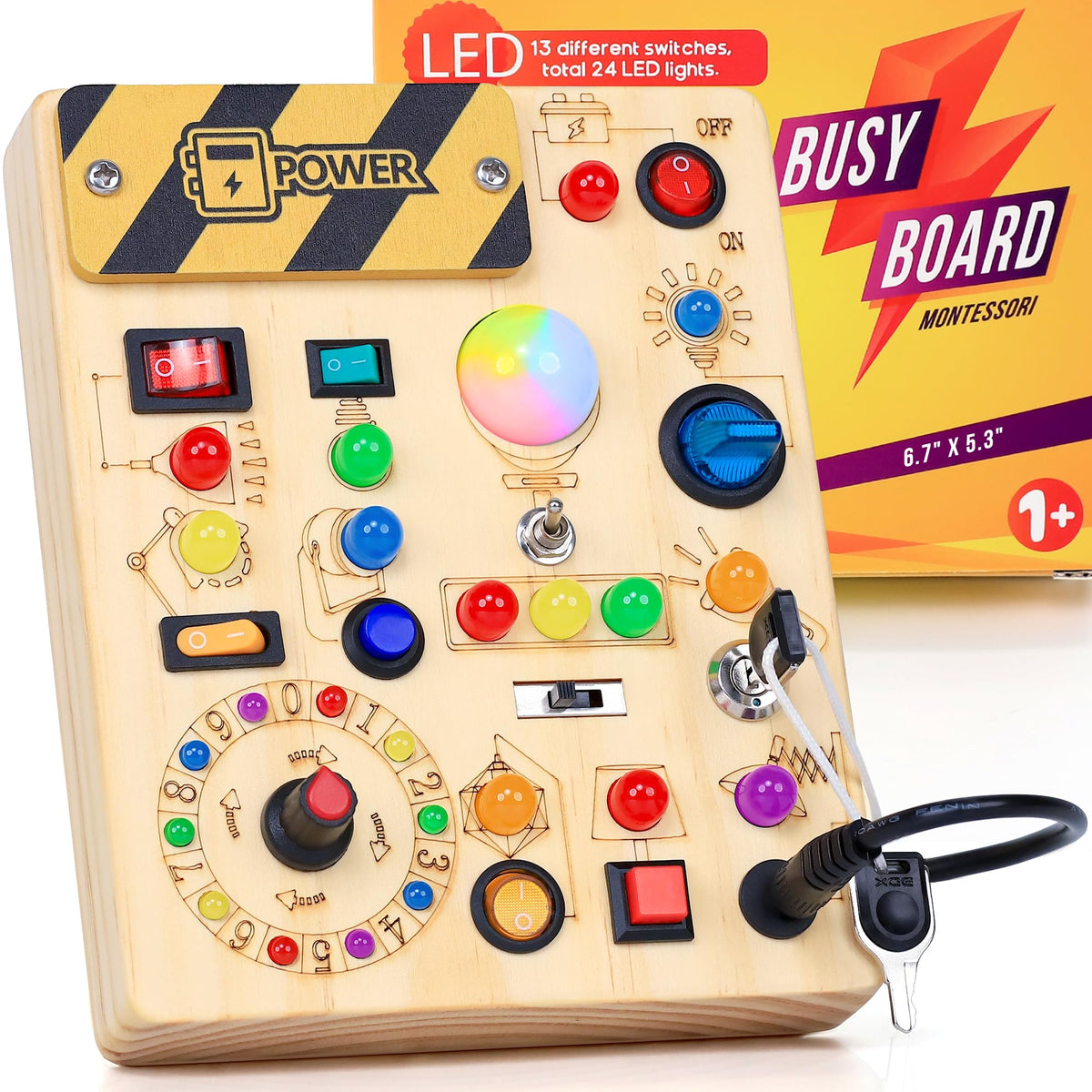 RichBoy Busy Board Montessori Sensory Toy, 37-in-1 Switch Board with 24 LED Lights, Birthday Gift for 1 2 3 Year Old Boys Girls, Safety for Toddlers Home Travel Essentials (6.7" X 5.3")