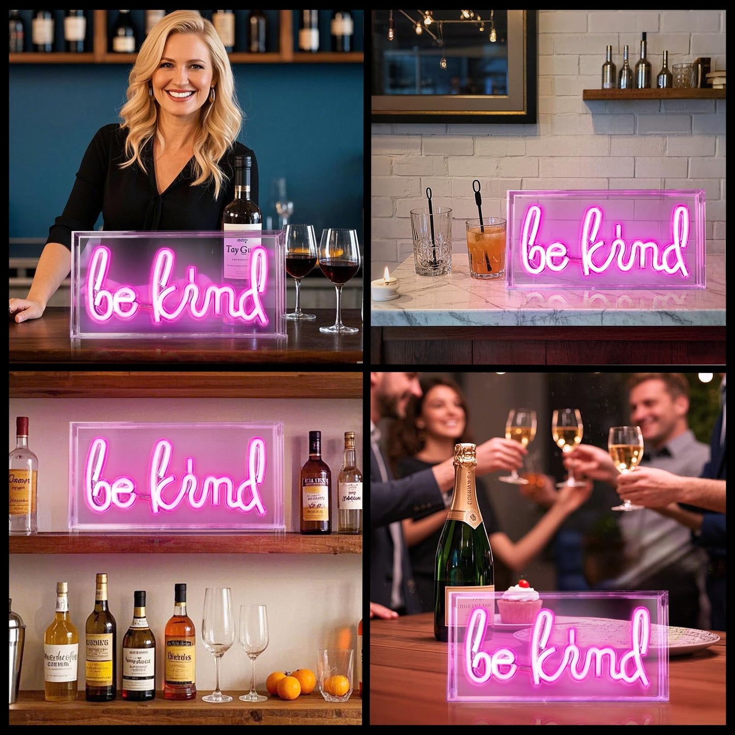 Be Kind Neon Sign, USB Powered LED Neon Light Box with ON/OFF Switch, 3D Acrylic Tabletop and Wall Decor for Girls Room, Bedroom, Classroom, Dorm, Home Office, Shelf, Christmas Birthday Gift (Pink)