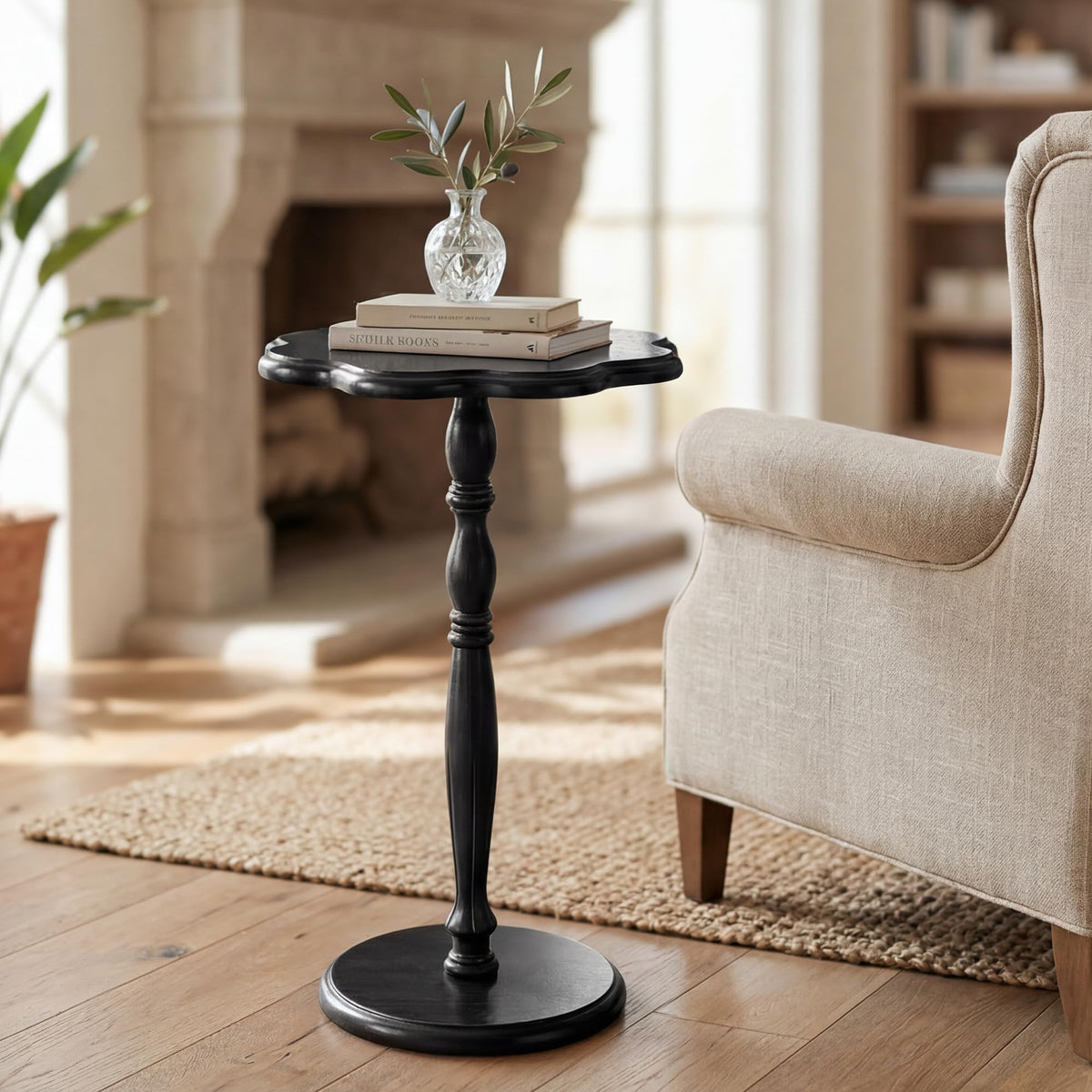 STO'SENSE Black Round Side Table,Drink Table for Small Spaces,Mid-Century Modern Accent Nightstand w/Solid Wood Leg,Sofa Pedestal Table w/Classic Sculpted Design for Living Room,Tool-Free Assembly