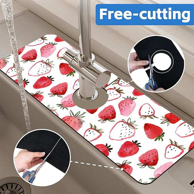 Watercolor Strawberry Kitchen Sink Splash Guard Mat Absorbent Fast Drying Mat