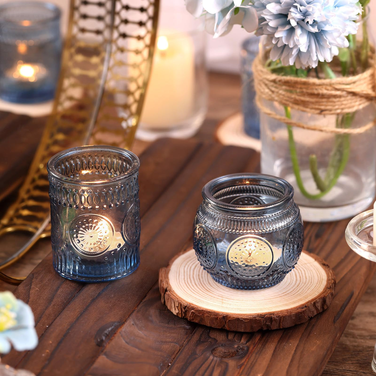 DARJEN 24Pcs Blue Votive Candle Holders - Glass Candle Holder for Party Decoration, Tea Lights Candle Holder for Wedding Shower & Gift