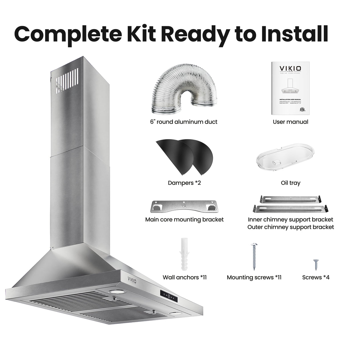 VIKIO HOME Wall Mount Range Hood 30 inch, 580 CFM, Ducted/Ductless Convertible, Stainless Steel Kitchen Vent Hood with 3-Speed Fan and LED Lights