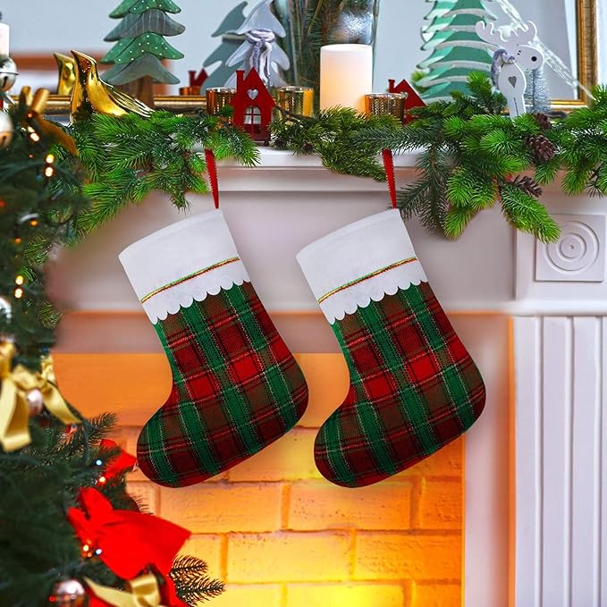 URATOT 12 Pack 15 Inches Christmas Stockings Red and Green Plaid Pattern Felt Christmas Holiday Stockings Christmas Tree Hanging Ornaments Xmas Fireplace Decoration Set