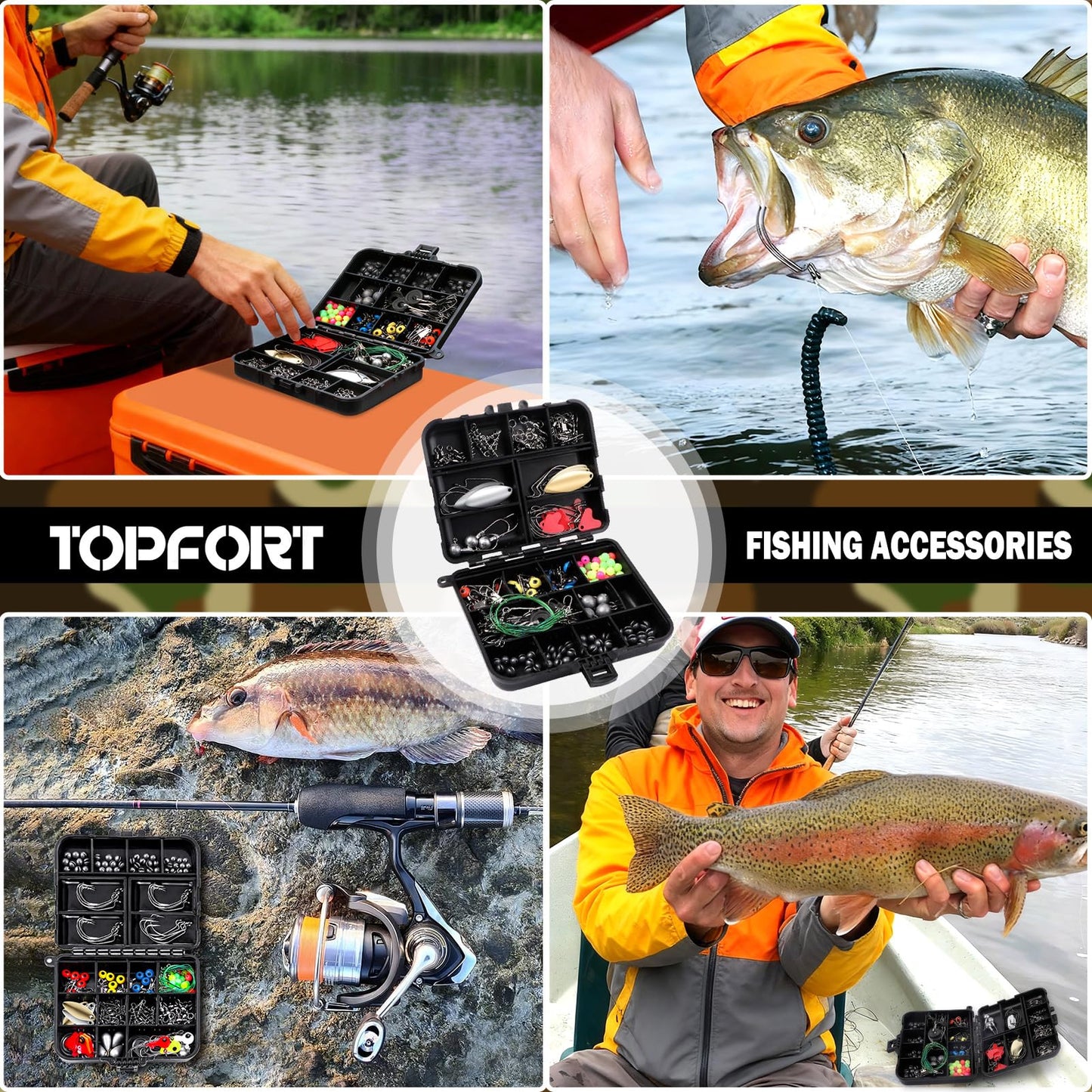 TOPFORT 187/343pcs Fishing Accessories Kit, Organized Fishing Tackle Box with Tackle Included, Hooks, Weights Sinkers, Fishing Gear and Equipment, Gift for Men