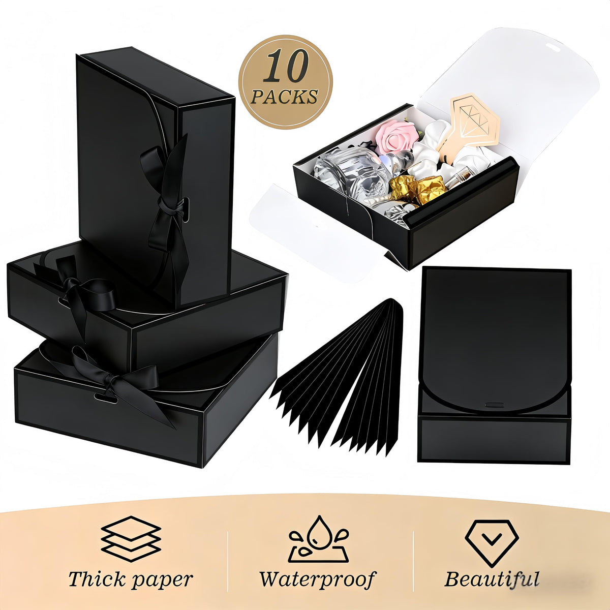 Treelement 10Pcs Black Gift Boxes with Lids,10.6×7.8×3.1 Inch Bridesmaid Proposal Boxes with Ribbons and Stickers for Wedding Gifting,Birthday,Party Favors,Baby Shower,Return Gifts