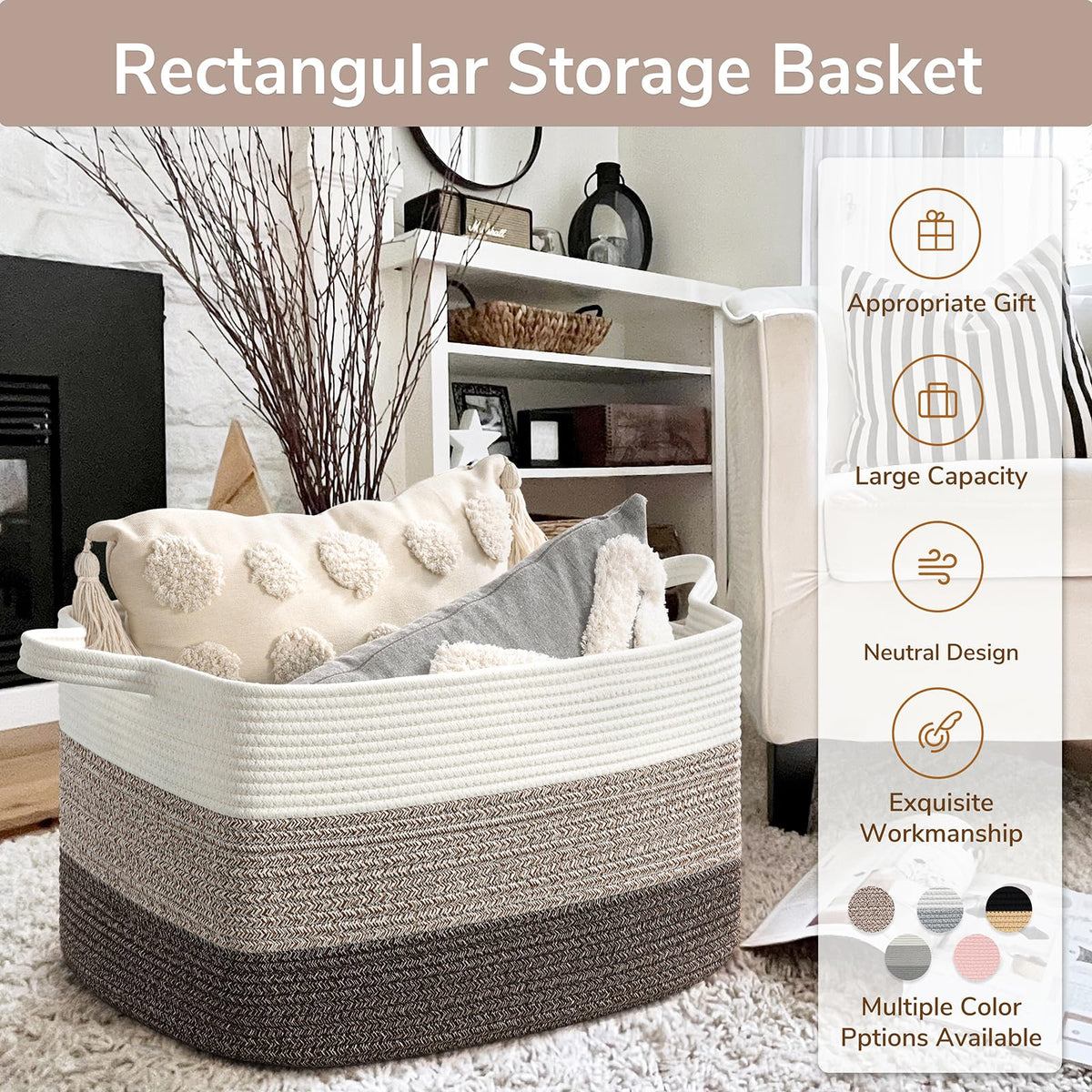 Goodpick Large Woven Storage Basket, 21.6"x14.9"x11.8", Blanket Storage for Bedroom and Living Room, Rectangle Rope Baskets for Storage, White Brown