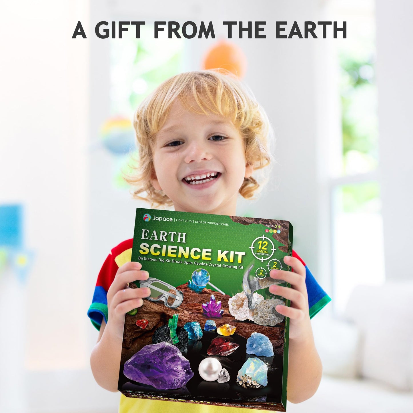 Japace Earth Science Kits for Kids Age 4-6-8-12-14, Birthstone Gemstone Dig Kit, Geology Kit with Break Your Own Geodes, Crystal Growing Experiment, Rock Mining Kit Birthday Gifts Toys for Boys Girls