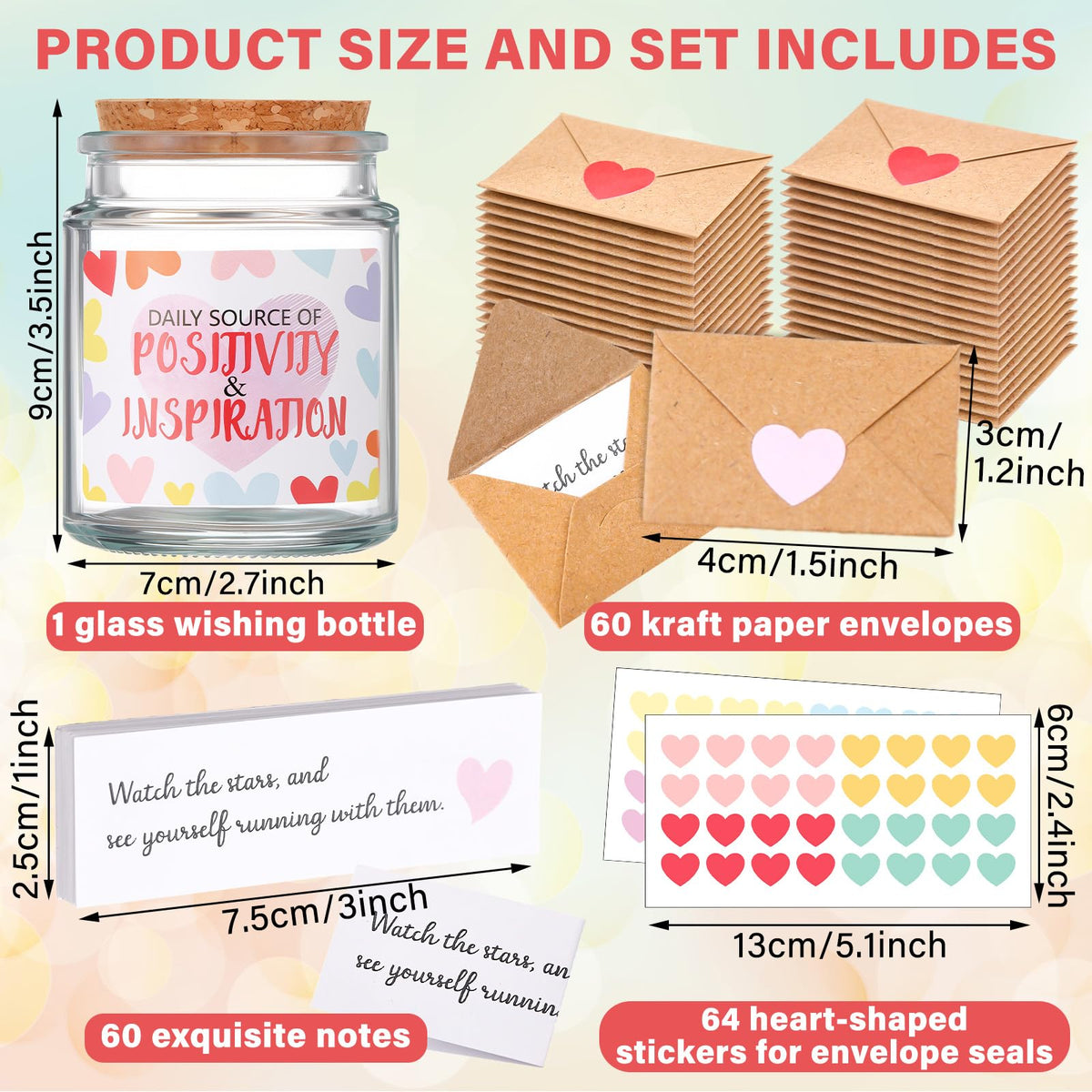 Maitys Positive Affirmation Gifts Include Positive Glass Jar with 60 Inspirational Quotes Cards 60 Mini Envelopes and 64 Heart Stickers Encouragement Appreciation Cards Gratitude Gifts for Women Men