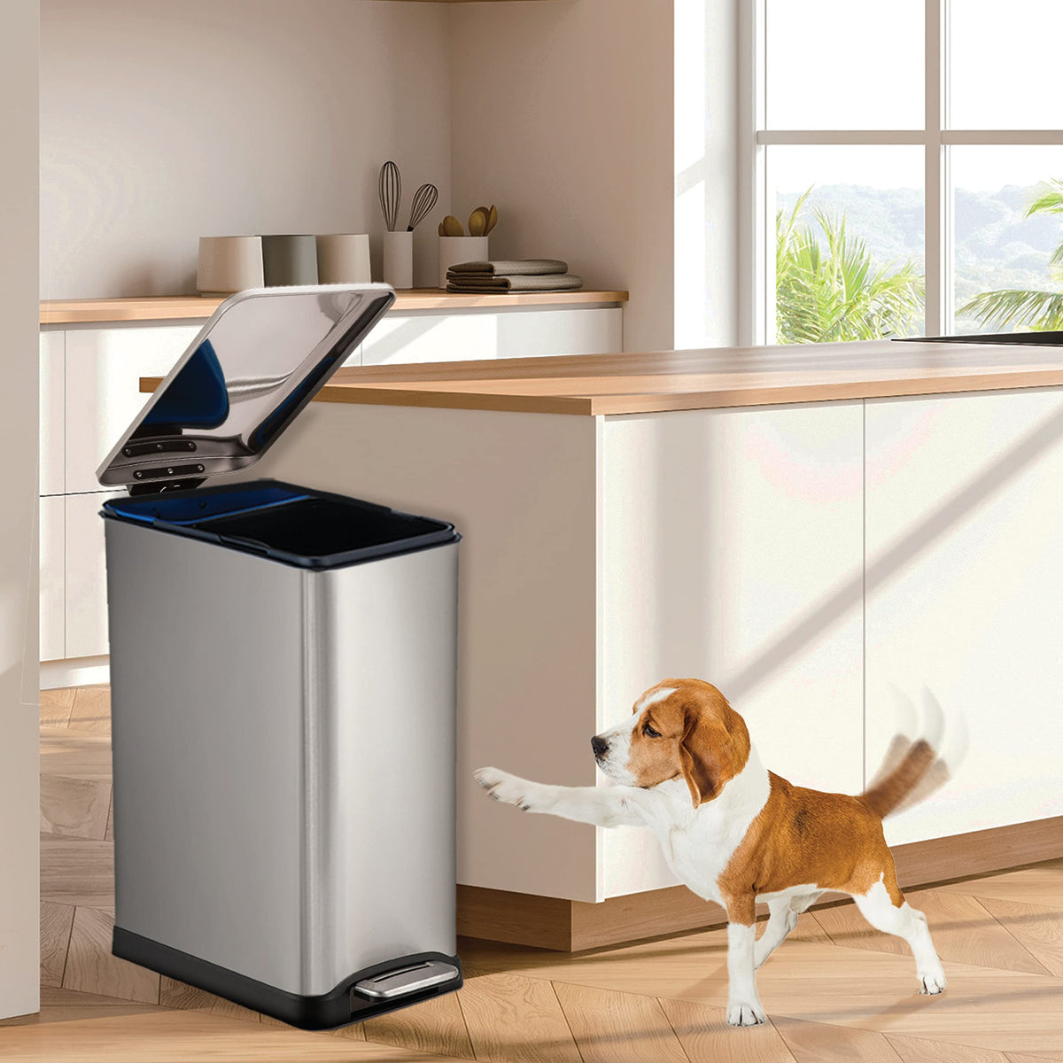 Home Zone Living 13 Gallon Slim Kitchen Trash Can with Dual Compartments for Trash and Recycling, Soft Close Lid, Step Pedal, Stainless Steel, Silver
