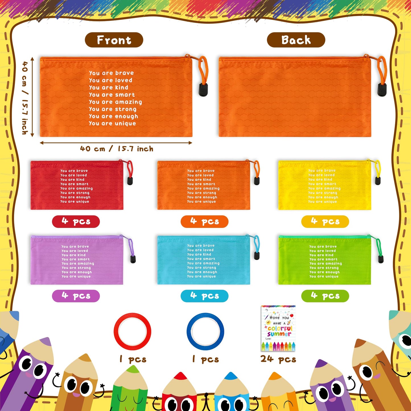 ANGOLIO 50Pcs End of Year Student Gift Includes Motivational Rainbow Pencils Pouch with Gift Inspirational Cards Hope You Have a Colorful Summer and Ribbons Stationary for Students Gifts Supplies