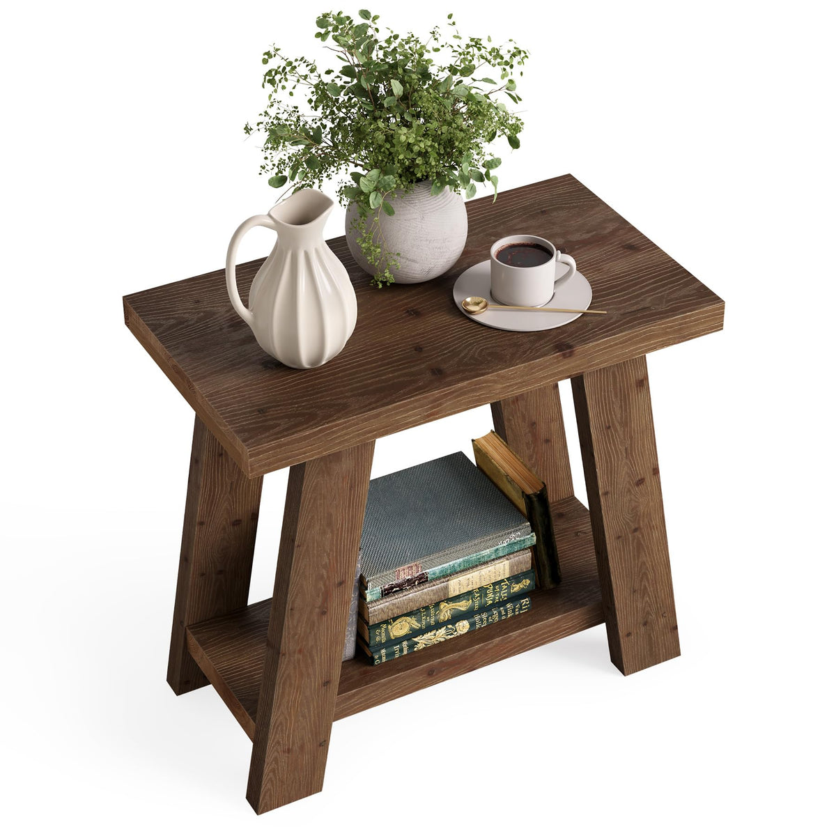 LITTLE TREE Solid Wood End Table, Small Side Table with 2-Tier Storage Shelf for Living Room, Rectangular Side Table for Couch, Bedside Table for Bedroom, Easy Assembly