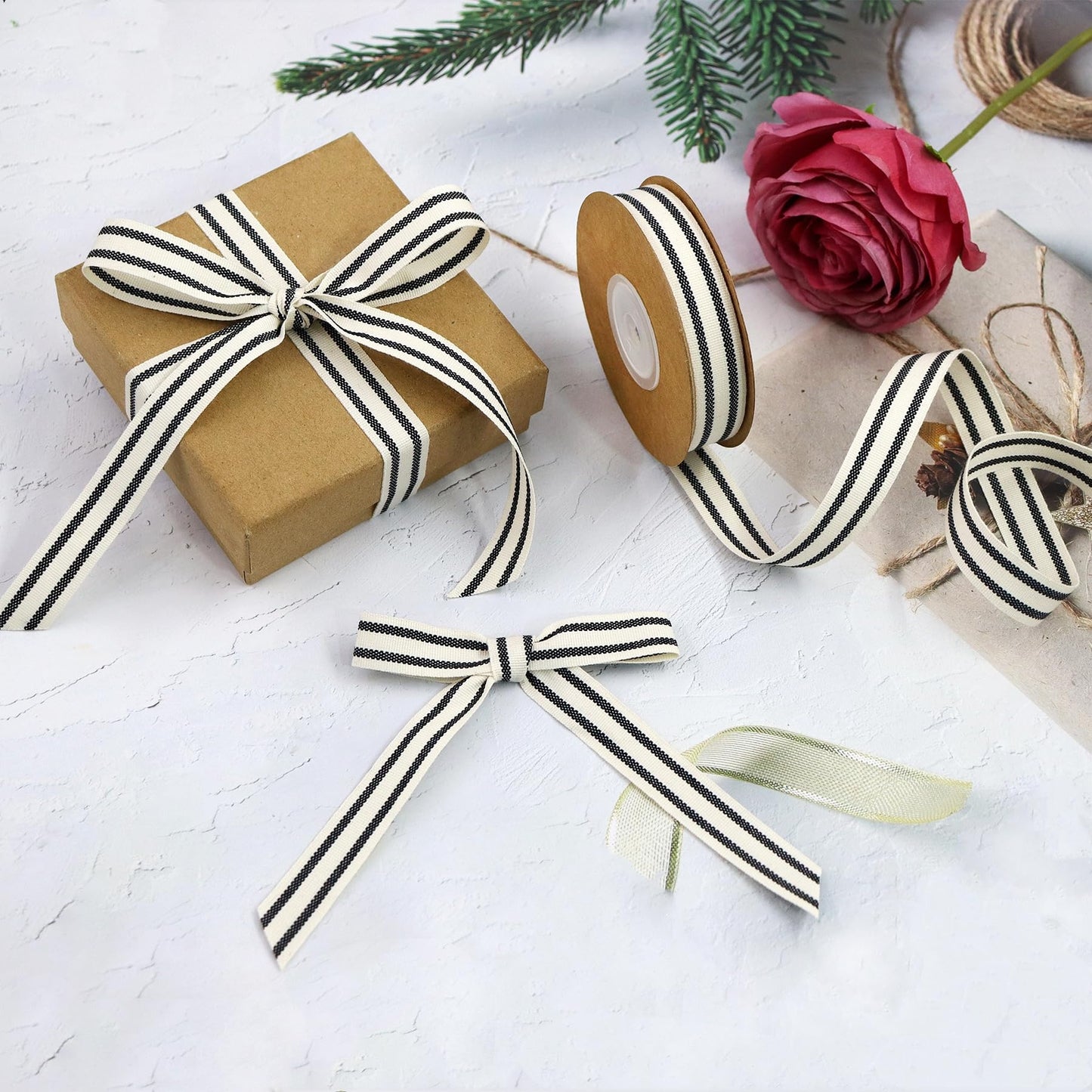 YERELO 10Yard x 4Roll Set Cotton Stripe Ribbon Black and White Stripe Ribbons for Christmas Tree Crafts,Wedding Wreath,Gift Wrapping,Decoration and DIY Handmade Hair Bows