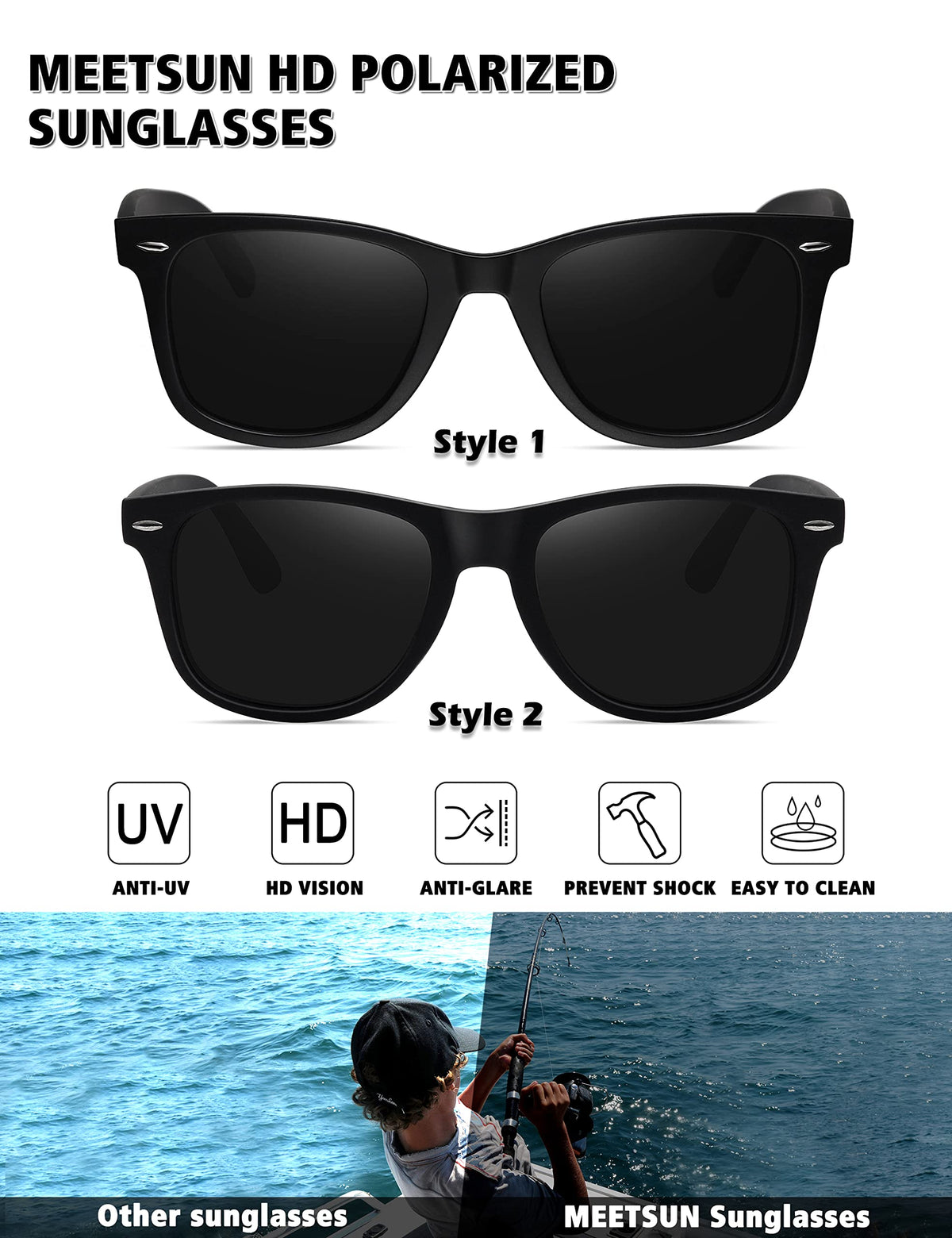 MEETSUN Polarized Sunglasses for Men Women Classic Retro Sun Glasses for Driving Fishing UV Protection 2 Pack C3 Matte Black Frame/Grey Lens