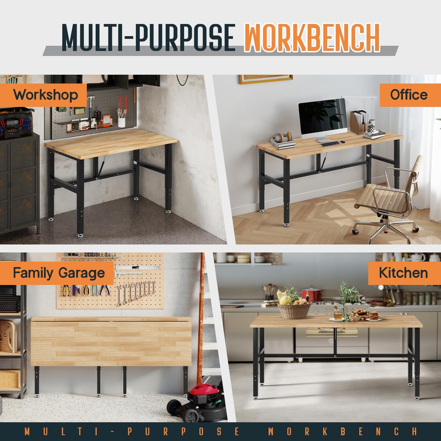 SPECRAFT 72x24 Folding Workbench with Wall-Mounted Tool Rack, Adjustable Foldable Workbench with Power Outlets & Hooks, 2330 LBS Capacity, 30.7"-40" Height for Garage, Workshop, Office