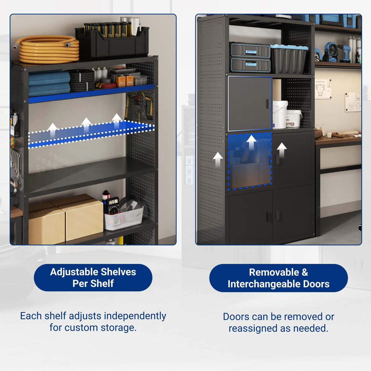 FLEXIMOUNTS Modular Garage Storage Cabinet System, All-in-One Garage Cabinet Set with Workbench & Pegboard, 6-Door with Open Shelf Access Heavy Duty Steel Tool Organization System, Black, FLEXIMOD