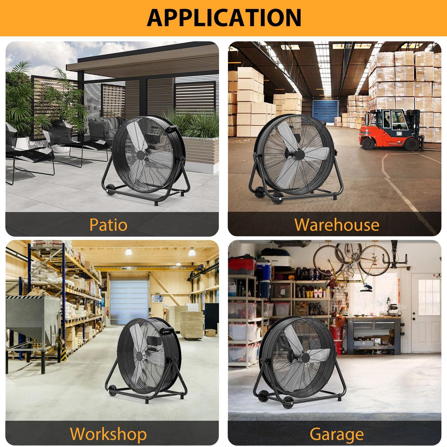 GarveeHome 24 in Industrial Drum Fan, 5700 CFM High Velocity Floor Fan, 3 Speed Heavy Duty Metal Air Circulator Fan, 360° Tilt with Casters Handle, Ideal for Patios, Warehouse, Commercial, Basement