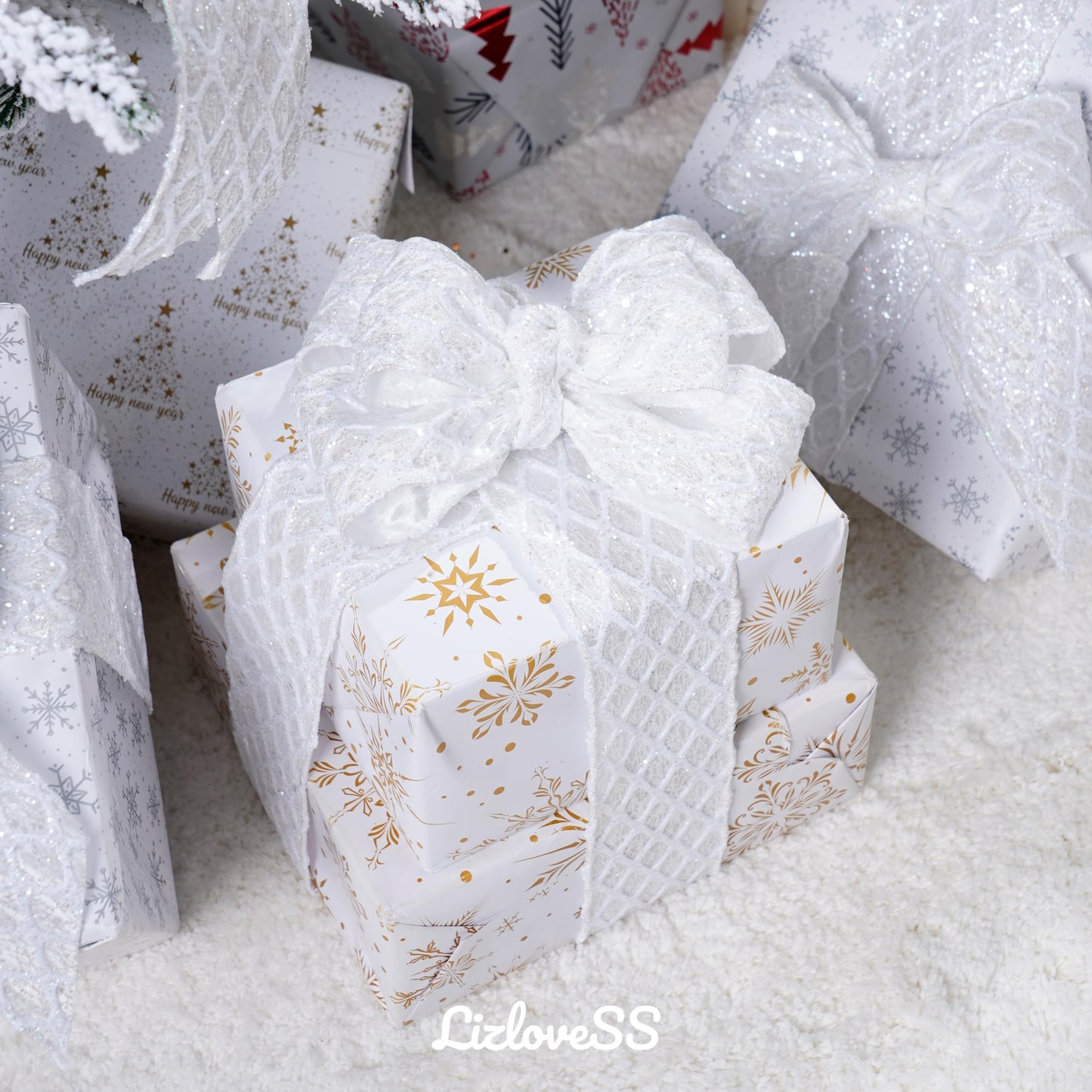 LIZLOVESS White Christmas Ribbon 2.5" Glitter Mesh Wired Ribbon for Christmas Tree White Diamond Honeycomb Ribbon for Gift Wrapping, Crafts, Wreath Supplies, Garland, Tree Topper Bows - 10 Yards