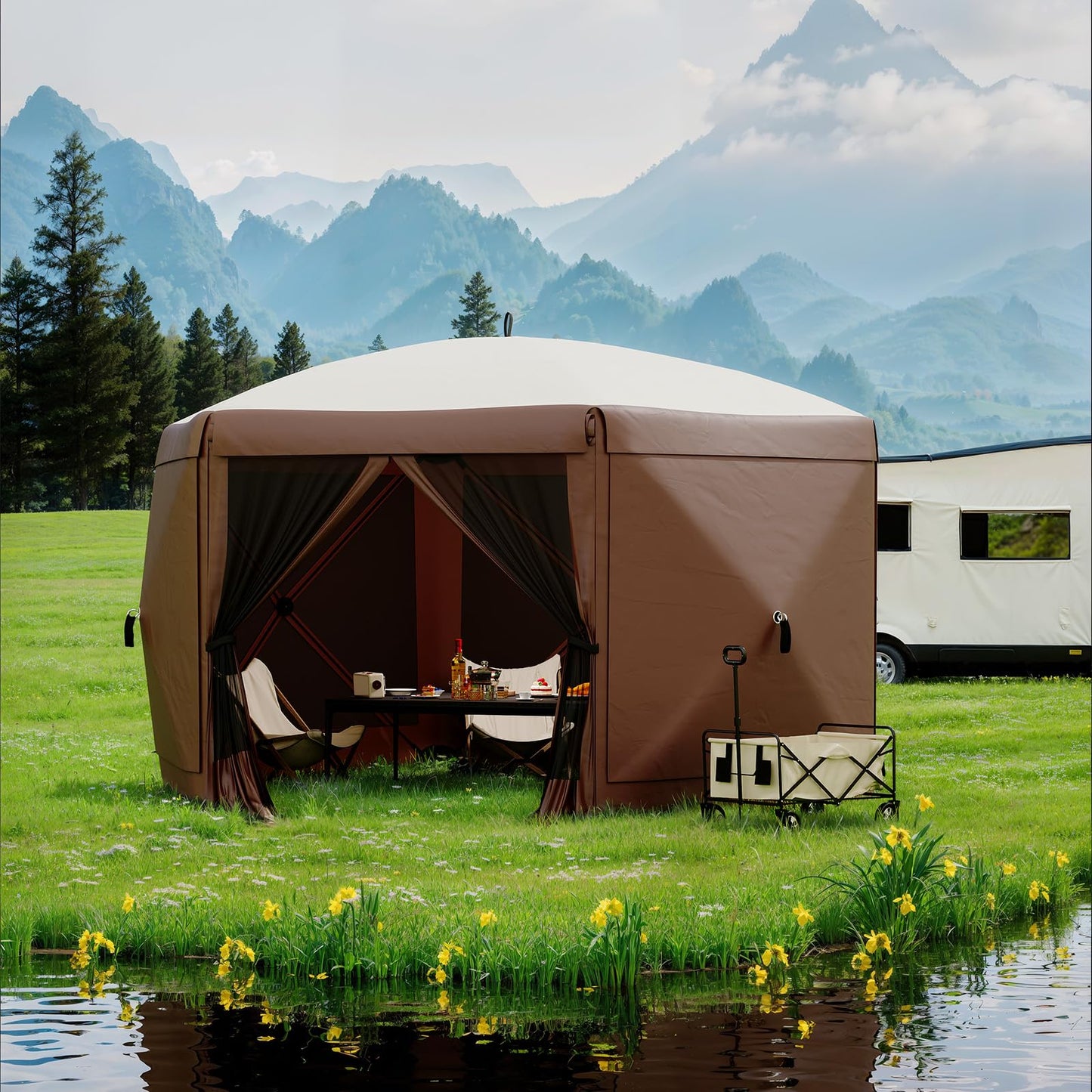 Garvee 12FT Pop-Up Gazebo 6-Sided, Outdoor Canopy Tent with Mosquito Netting & Removable Wind Cloths for Camping, Backyard Parties, Outdoor Events, Beige & Khaki