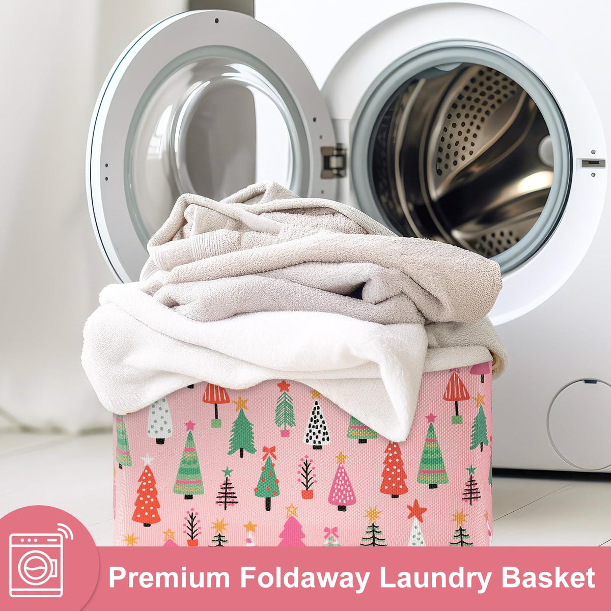 FYSUIMU Christmas Storage Basket with Handles Xmas Tree Pink Cube Storage Bin Foldable Fabric Container Organizer Box for Home Office Dorm Closet Shelf Toy