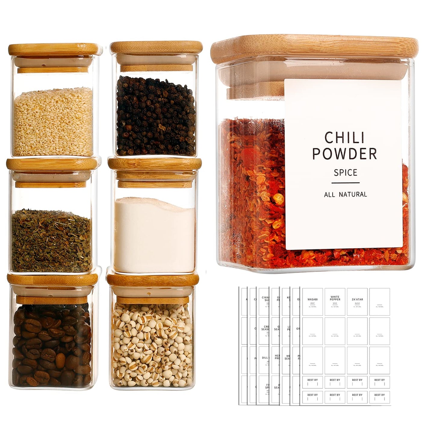 HHMJSM 12 Pcs Square Glass Spice Jars with Natural Bamboo Lids - 5oz Airtight Herb Containers with 148 Waterproof Minimalist Spice Labels Preprinted - Empty Small Seasoning Jars for Kitchen Pantry