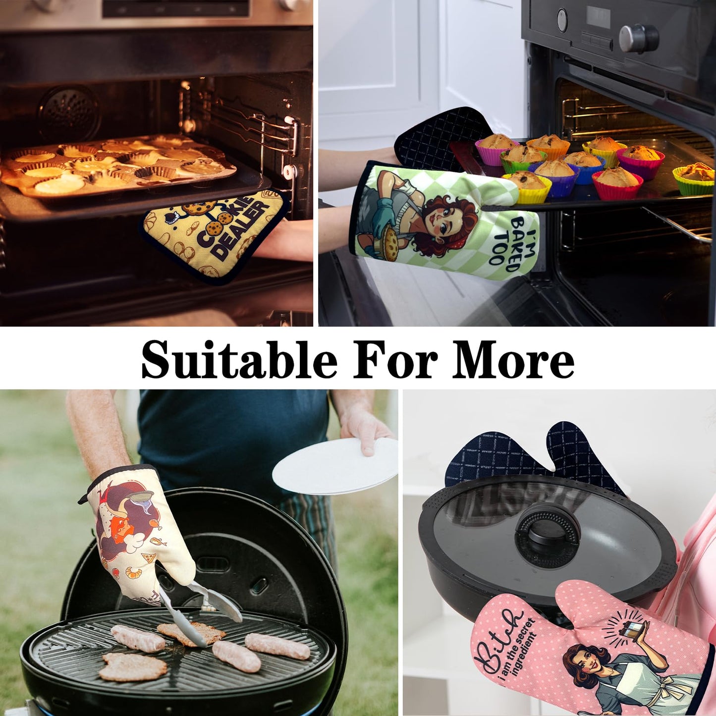 NAHMAKNE Funny Cookie Oven Mitts and Pot Holders Set of 3, Cookie Dealer, Heat Resistant Non-Slip Kitchen Mitts Hot Pads, Chef Baking Gifts for Mom Wife, Birthday Gifts for Women Men Friend Bakers