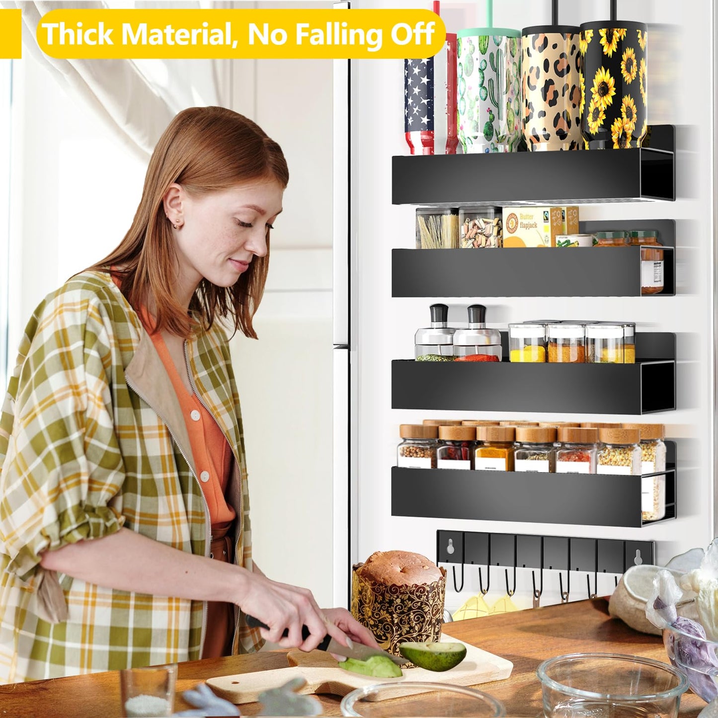 SMRCAD Magnetic Spice Rack for Refrigerator Seasoning Organizer for Spice Fridge Shelf storage Magnetic Shelf with Hook for Oven (BLACK, 5pack)