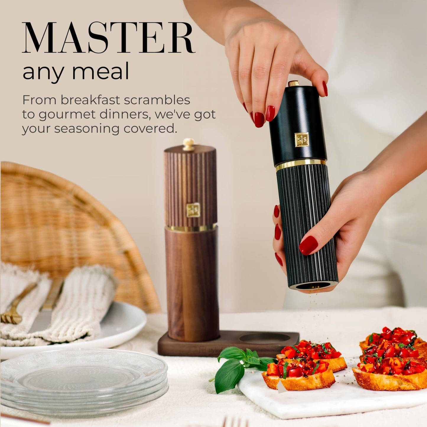Wooden Salt and Pepper Grinder Set – Refillable Manual Salt and Pepper Mills with Adjustable Ceramic Burrs, Gold Detailing, and Wood Stand – Black and Dark Wood