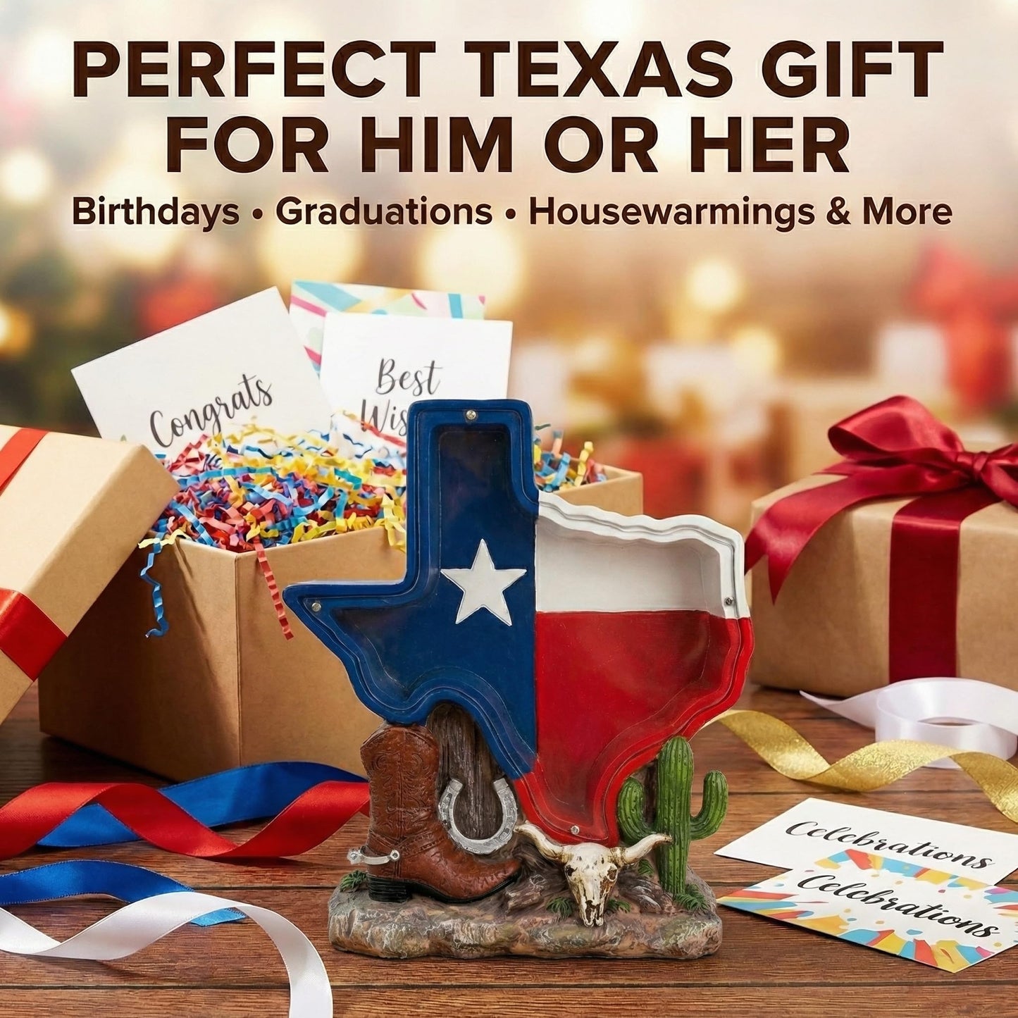 Texas Souvenir, Texas Piggy Bank - Texas State Design with Cowboy Boot, Horse Shoe & Cactus Western Decor for Desk & Home, Texas Gifts for Man or Woman.