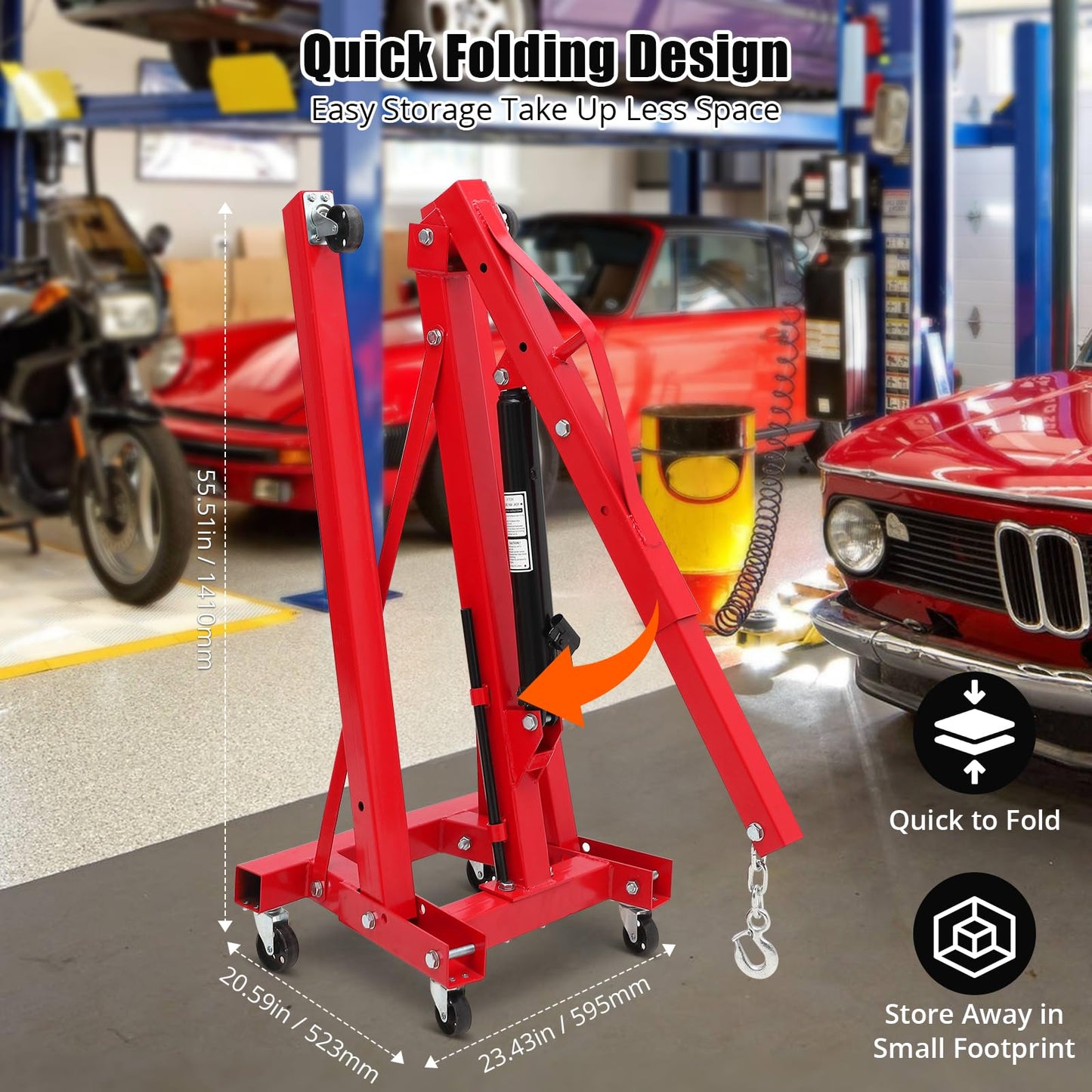 Industrial Engine Hoist, 2-Ton Heavy Duty Engine Hoist Stand Cherry Picker Ship Crane with 6 Caster Wheels & Telescopic Boom Hitch, Folding Hydraulic Tilting Engine Lift 4400lbs for Garage Workshop