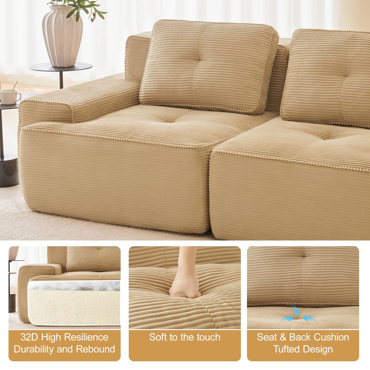 KEIKI 80" Oversized Corduroy Modular Sectional Loveseat Sofa with High-Density Foam Cushion & 2 Pillow, Upholstered Anti-slip Design 2-Seater Tufted Couch, No Assembly Required, for Living Room, Camel