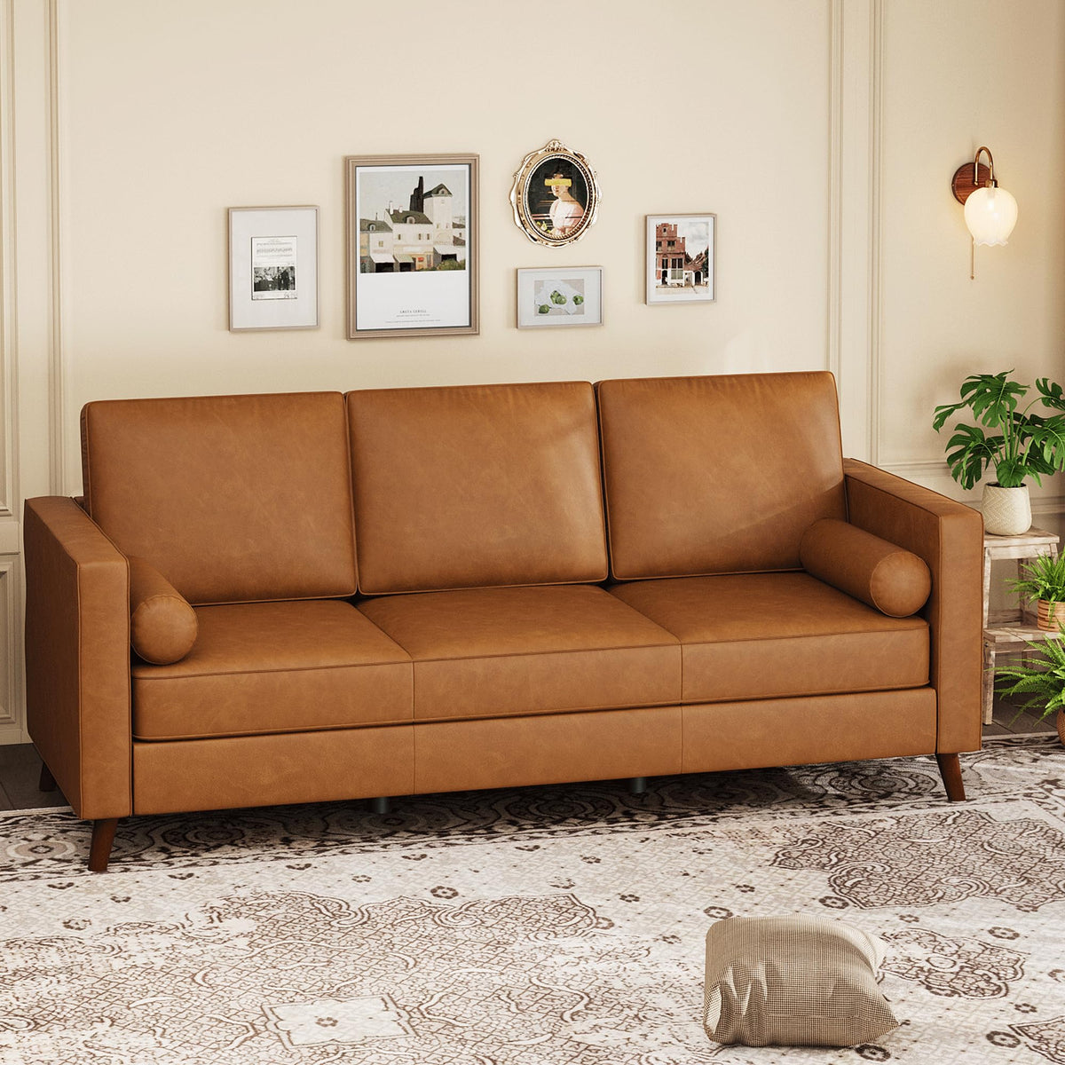 PeacefulHues 81" Leather Sofa, Mid-Century Modern Deep Seat Couch, PU Leather Couch, 3-Seat Sofa for Living Room, Office, Cognac Tan