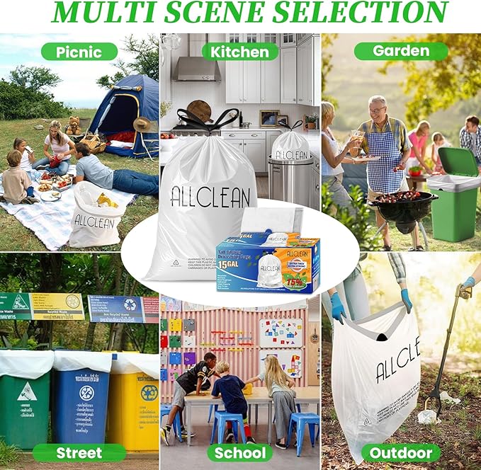 Trash Bags 15 Gallon Tall Kitchen Drawstring Garbage Bags, Fit 13-15 Gal Bins