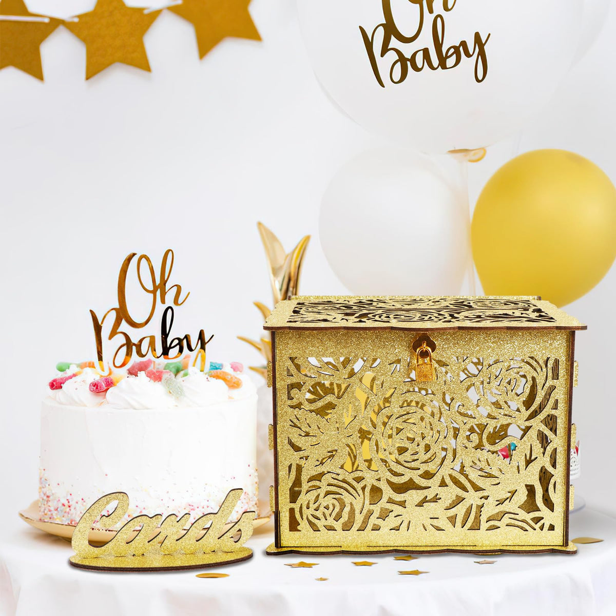 OurWarm Glittery Gold Wedding Card Box with Lock, Wood Gift Card Box for Reception, Money Honeymoon Fund Card Boxes for Baby Shower, Birthday, Graduation Party Rustic Wedding Decorations