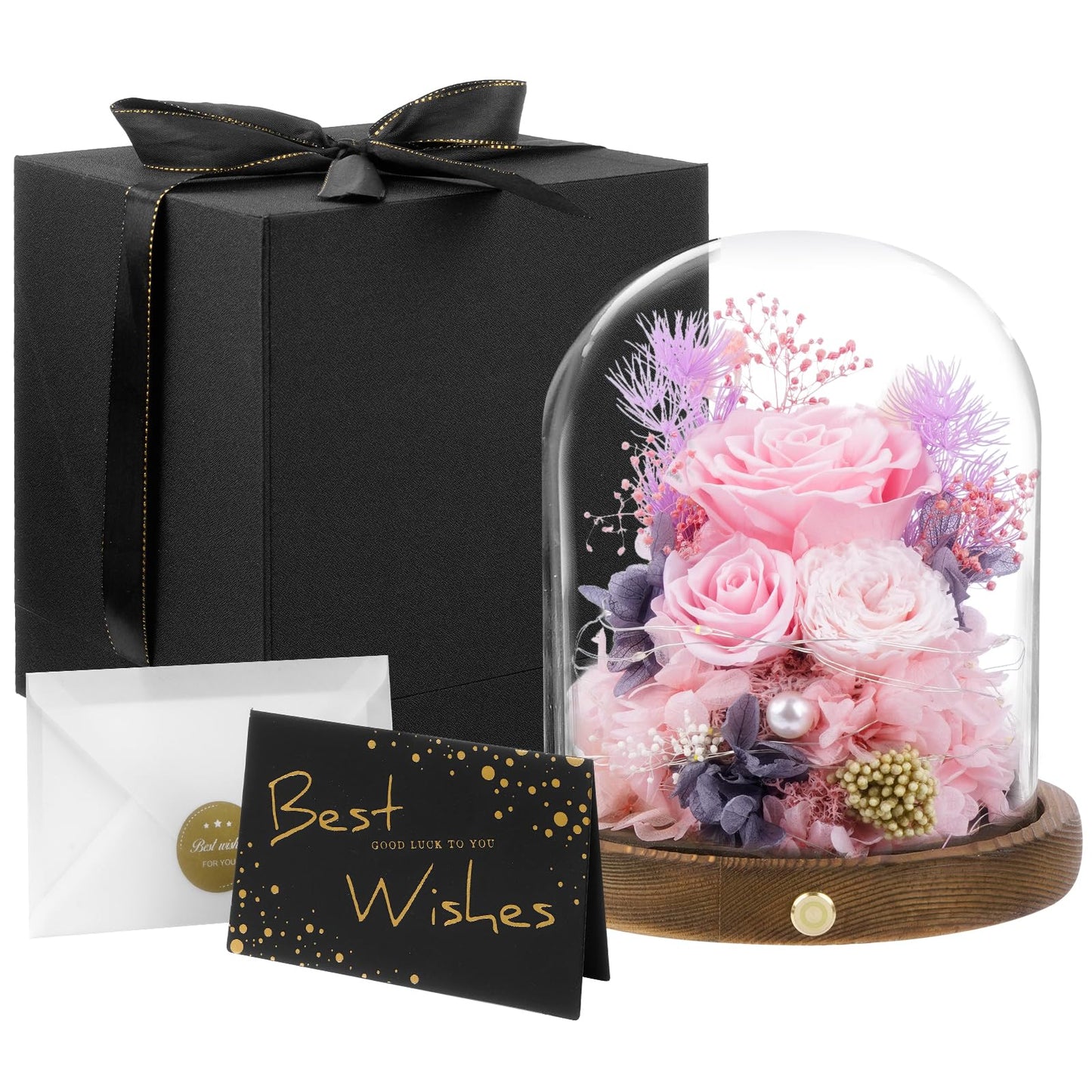 Large Preserved Flowers with Card&Box-Flowers for Delivery Prime,Eternal Rose with Lights,Roses in Glass Dome,Romantic Gift for Her,Decoration,Fresh Rose Flowers for Mom, Birthday, Anniversary (Pink)