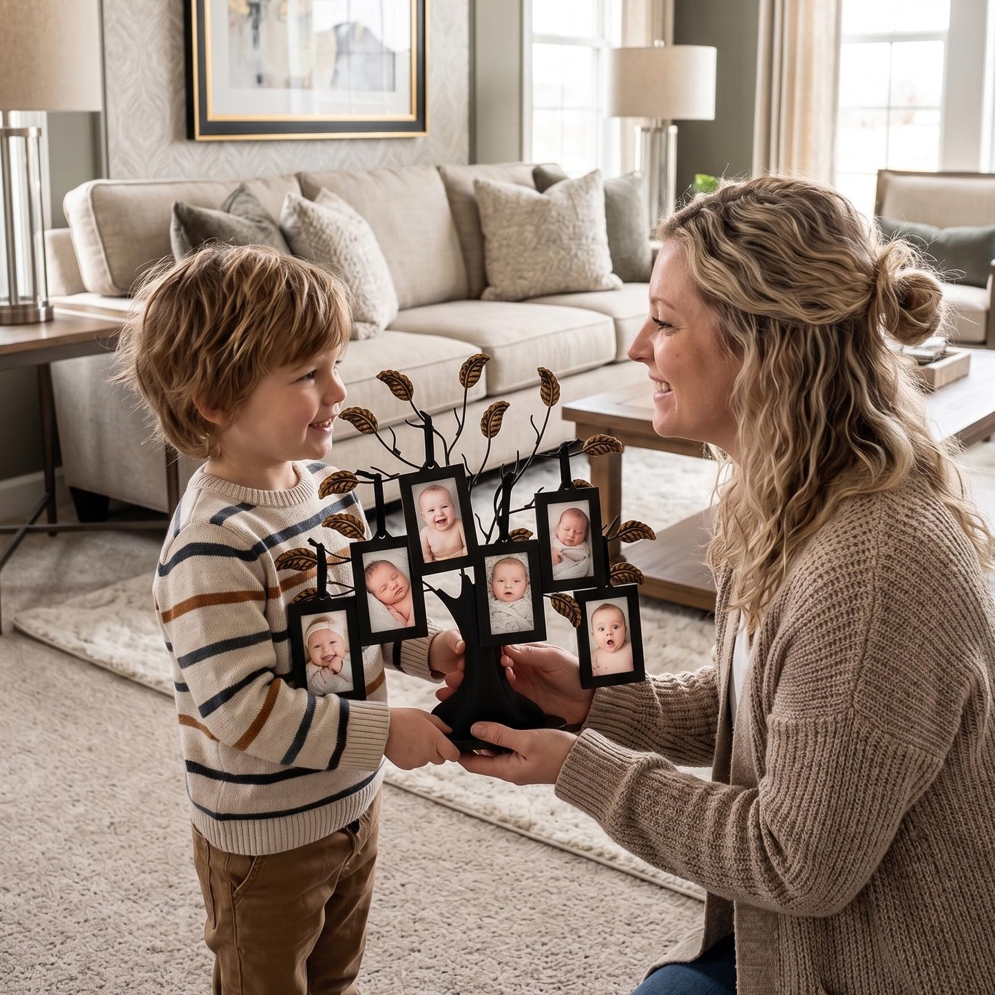 Americanflat Family Tree Picture Frame - Includes 6 Hanging 2x3 Picture Frames - Adjustable Ribbon Tassels - Ideal as Mother’s Day Gifts, Christmas Decor - Black and Bronze - Gifts for Mom