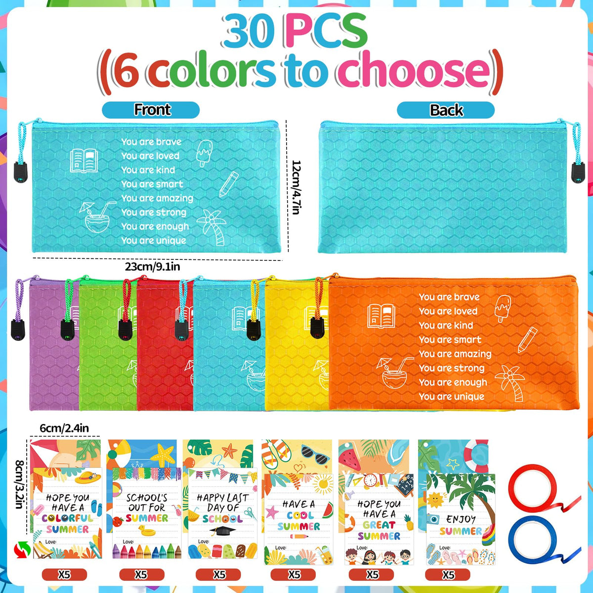 30 Sets 62Pcs End of Year Student Gifts from Teacher, Inspirational Rainbow Pencil Pouches Bulk, Summer Greeting Cards with Ribbons, Perfect for Classroom Rewards, Graduation and Summer Party Gifts