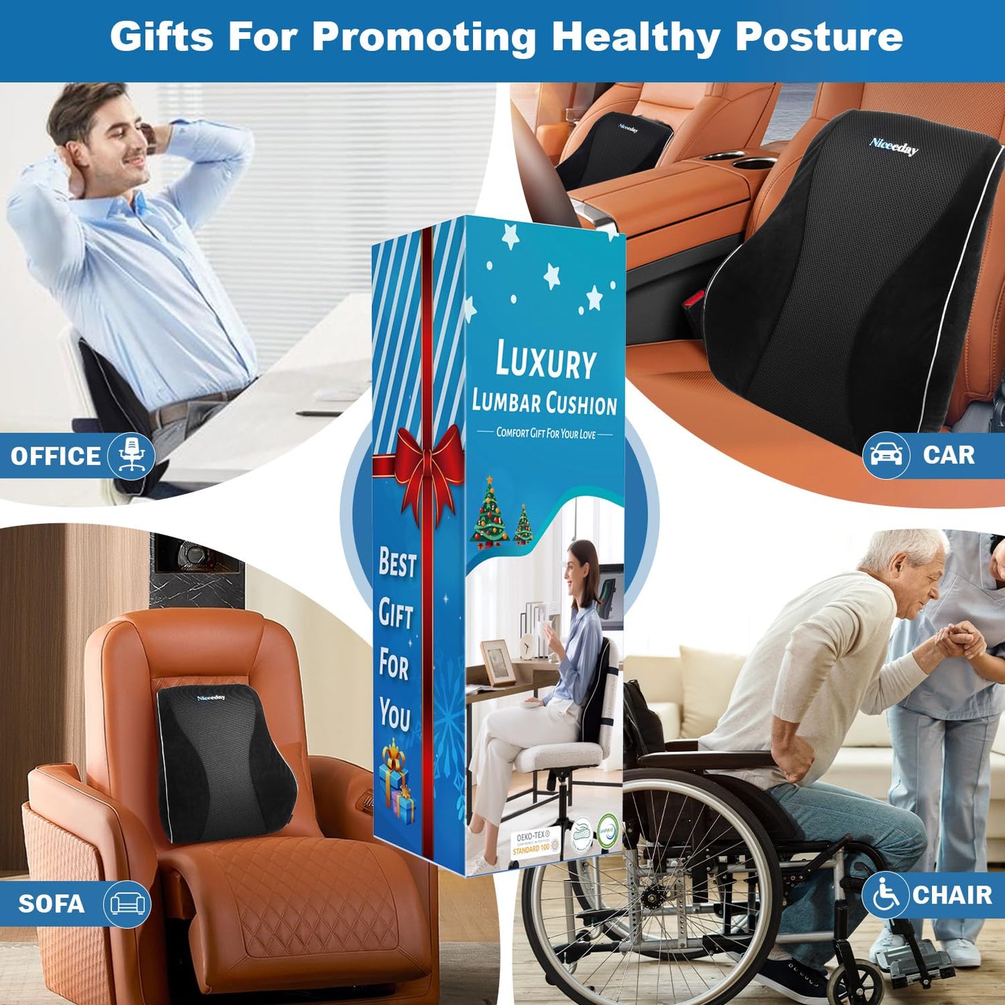 Lumbar Support Pillow for Office Chair Car, Gaming Chair Lower Back Pain Relief Memory Foam Cushion with Greeting Card,3D Mesh Cover Ergonomic Back Rest, Birthday Gift for Dad,Stocking Stuffers