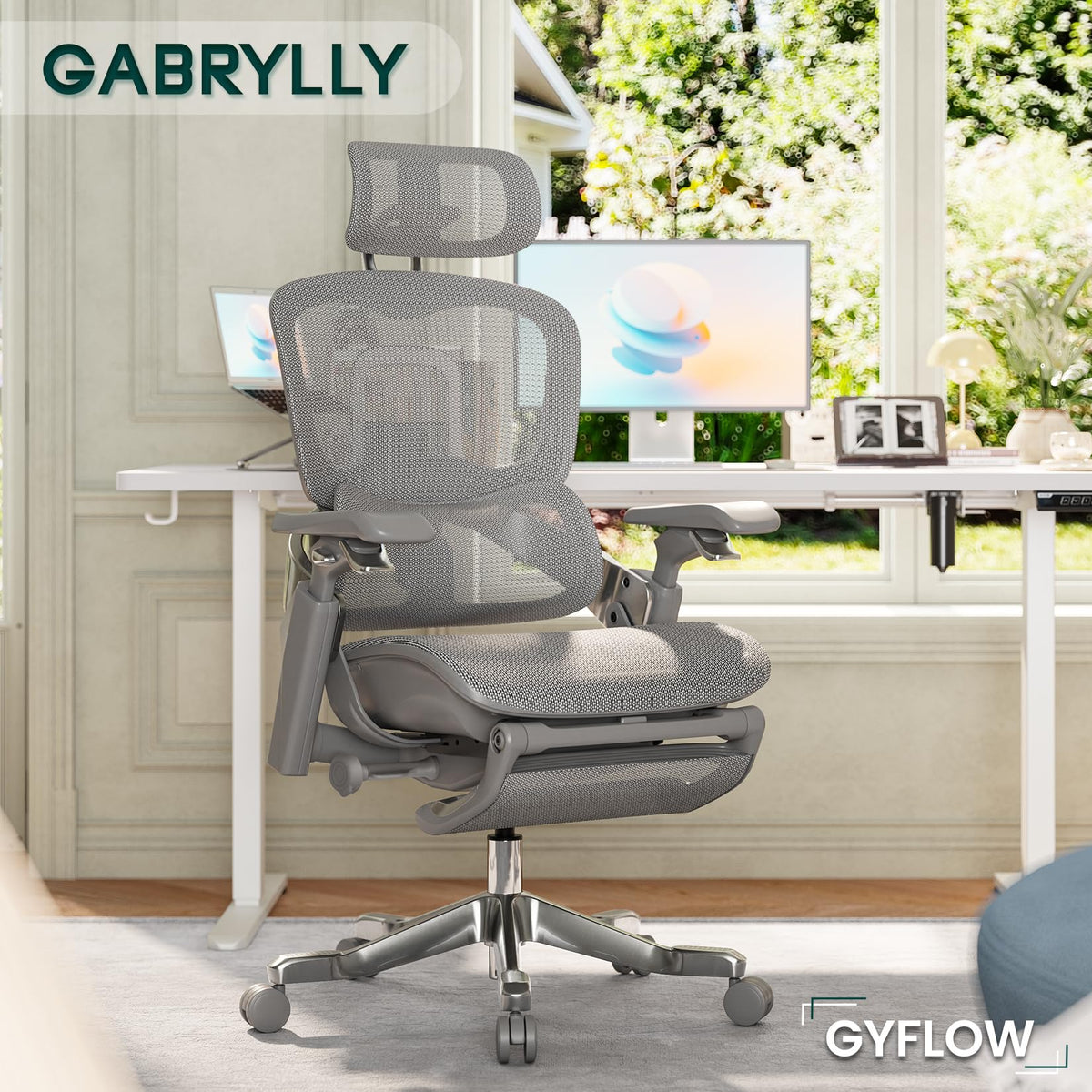 GABRYLLY Ergonomic Office Chair, Home Mesh Desk Chair with Sync Lumbar Support & Sliding Seat, 4D Arm, 150° Recline, Adjustable Back,Big & Tall Computer Chair-Footrest,Aluminum Base, Gray,FLOW550