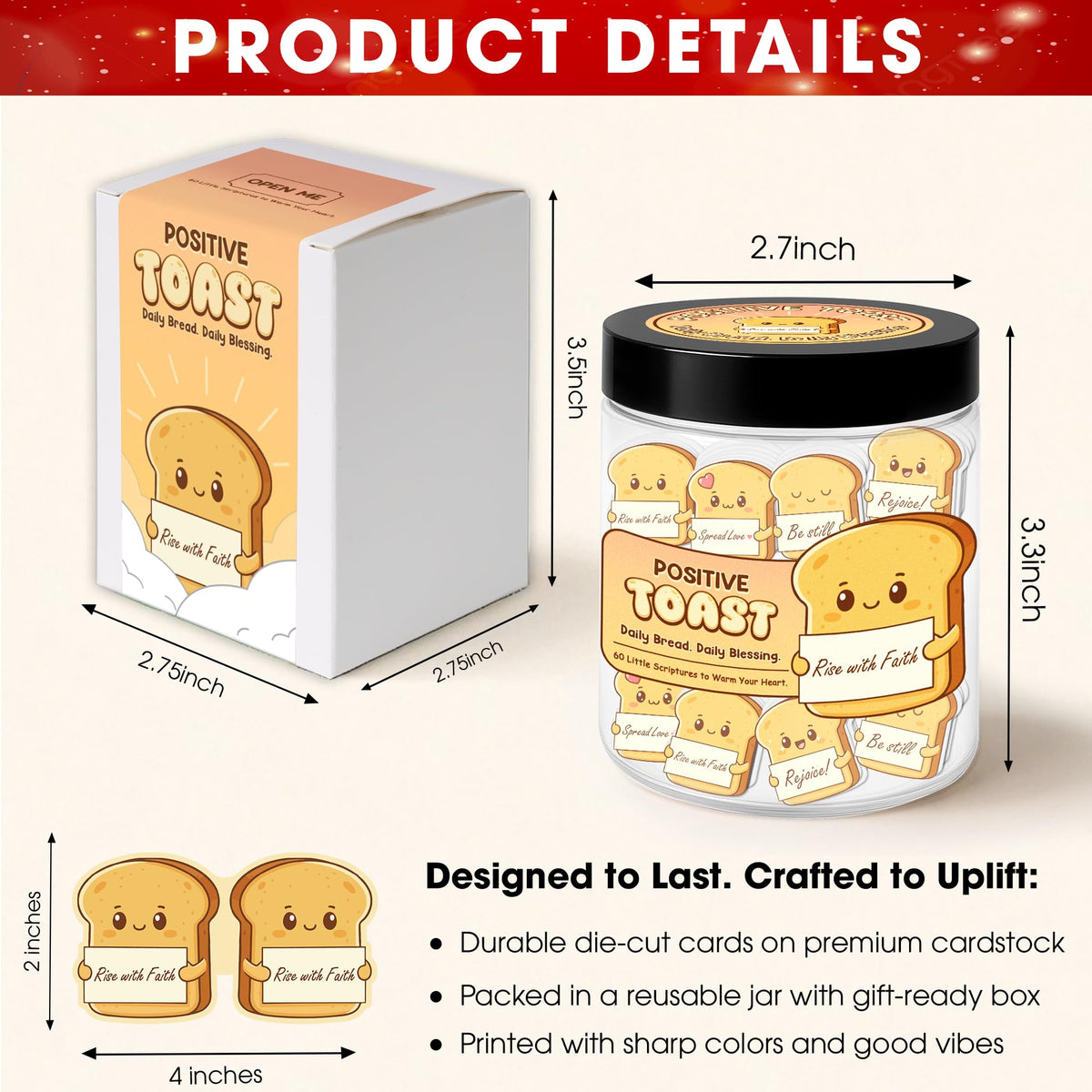 Positive Toast Scripture Jar - 60 Daily Bible Blessings, Christian Encouragement Cards, Faith Gift for Women, Teens, Kids & Coworkers