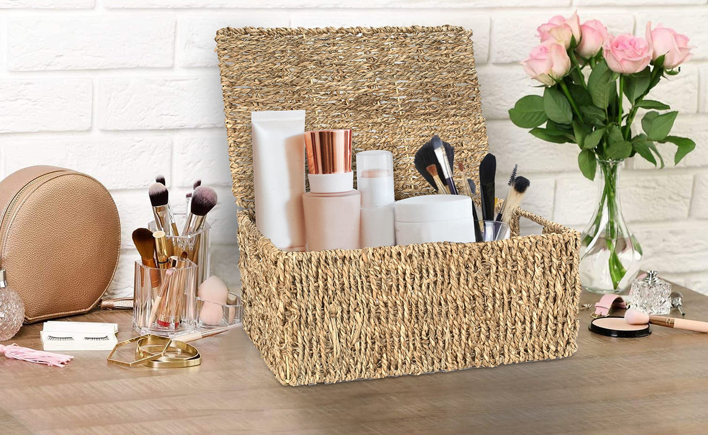 Woodluv Storage Boxes With Lids, Storage Baskets With lids, Woven Natural Seagrass, Storage Baskets for Shelves, Gift Hamper basket, Large