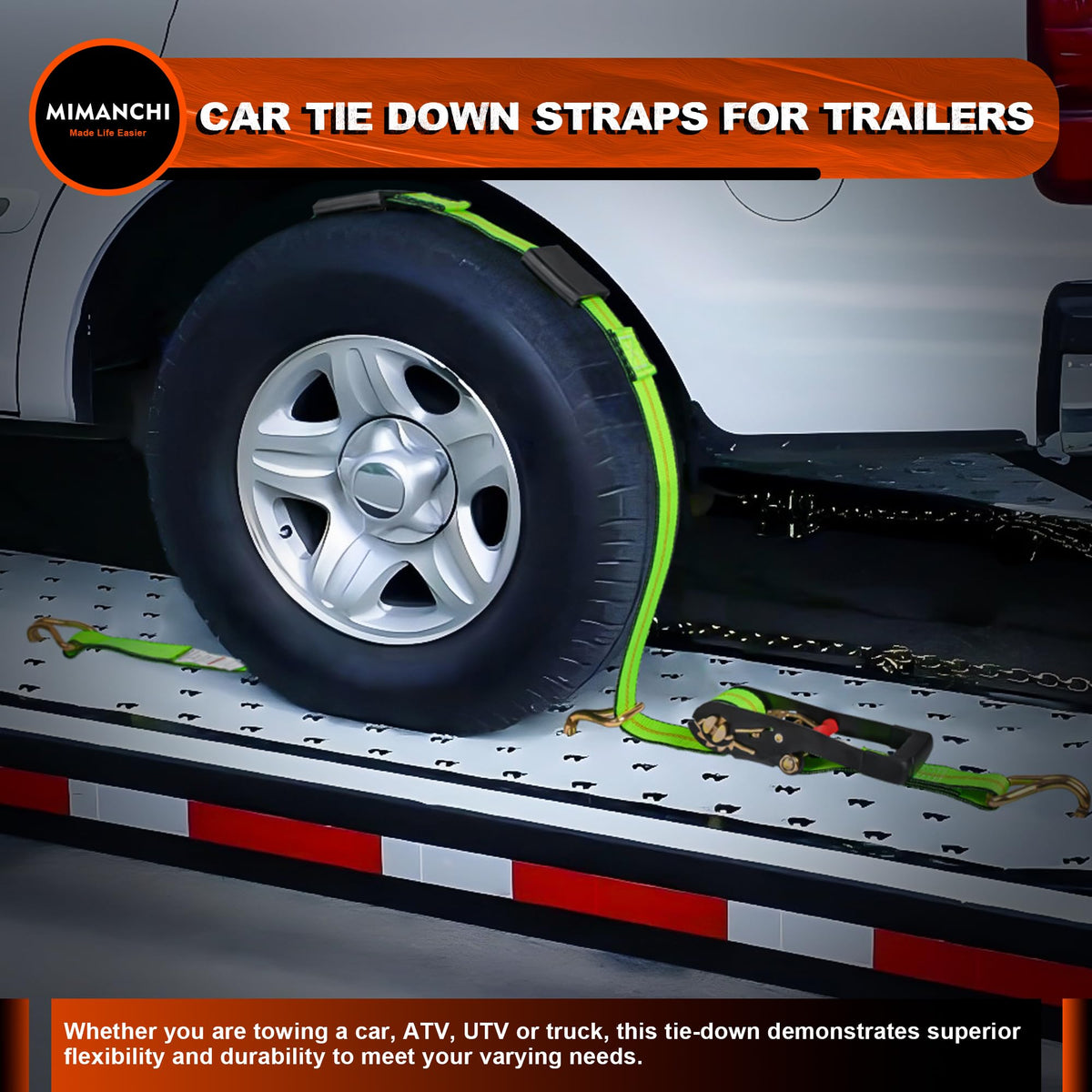 MIMANCHI 2" x 10' Tire Tie Down Straps Over The Wheel Ratchet,8PCS,Heavy Duty Vehicle Tie Down Kit,Auto Hauler Straps for Trailer w/ 3 Wire J Hooks and Rubber Blocks,Wheel Strap for Hauling Cars