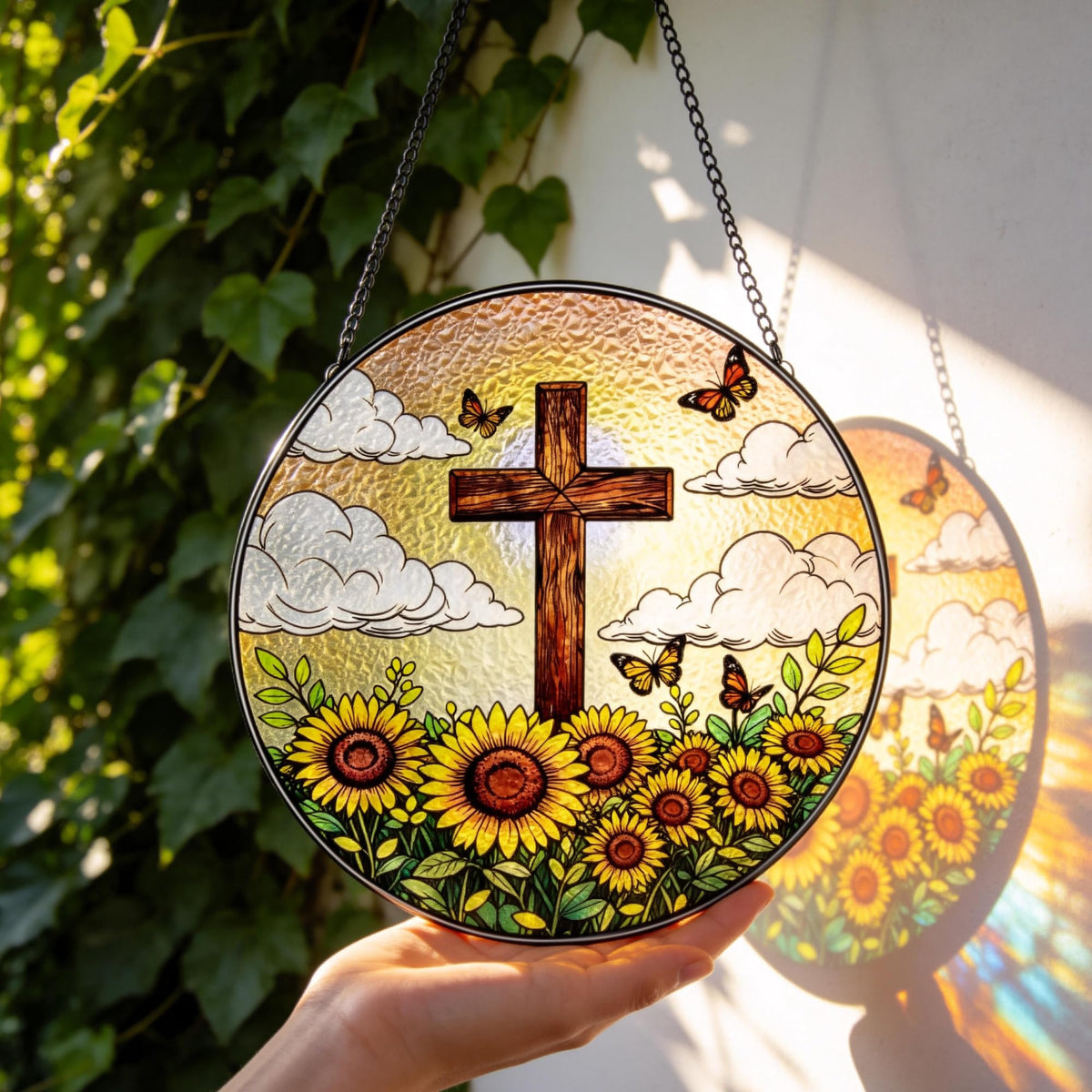 8 Inch Stained Glass Cross Suncatcher with Sunflower & Butterfly Christian Gifts for Women Religious Window Hanging Decor Unique Catholic Easter Birthday Gifts for Mom Grandma (Brown, Medium)