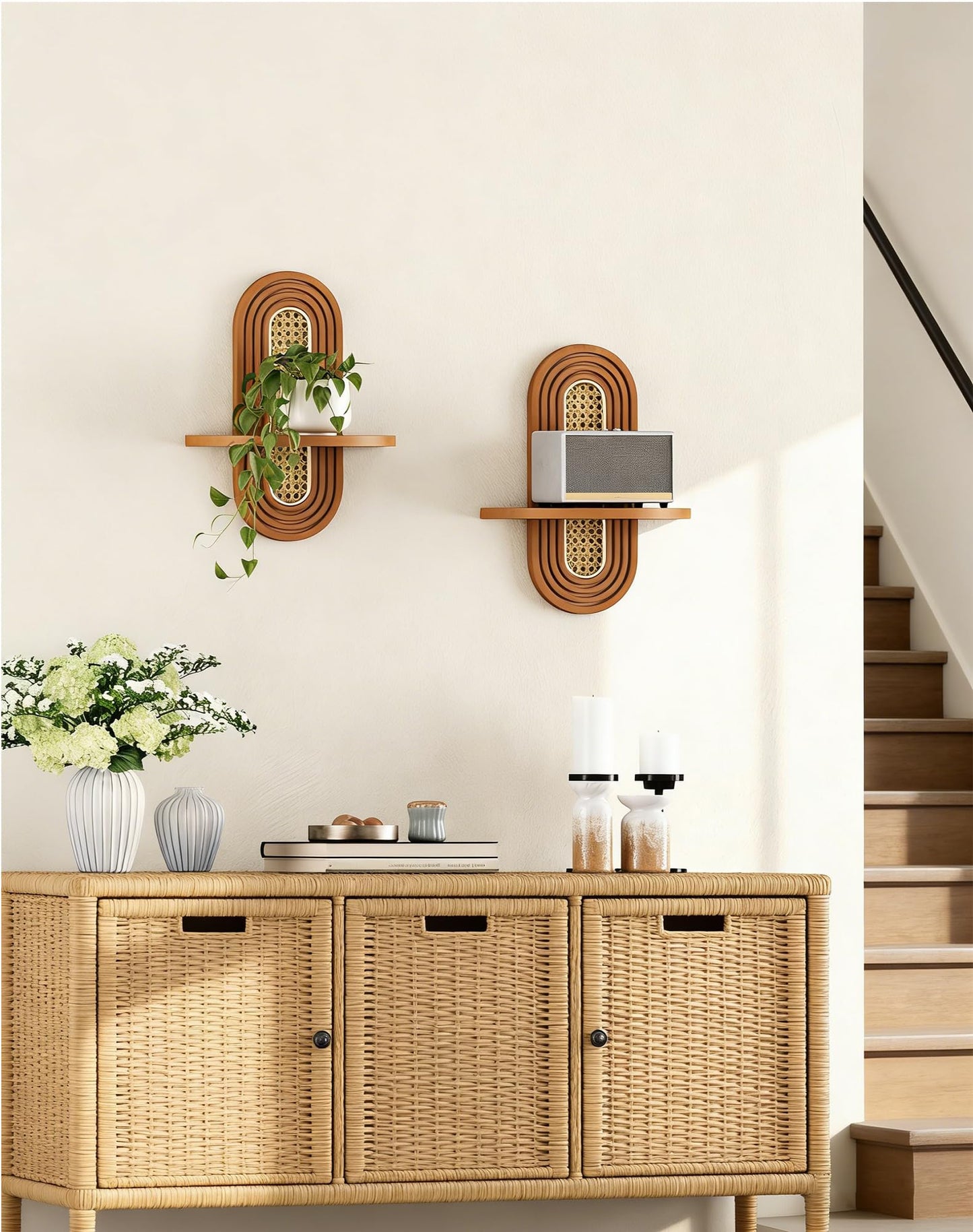 Hongsane Floating Shelves for Wall, Boho Home Wall Decor,Rattan Plant Shelf Set of 2, Mid Century Small Decorative Shelf, Natural Wood Shelves for Living Room,Bedroom,House,Office (Walnut)