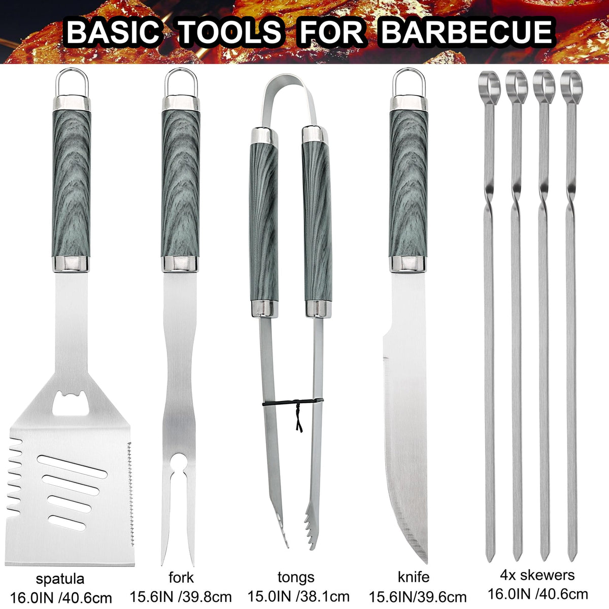 grilljoy 24PCS BBQ Grill Tools Set with Meat Thermometer and Injector - Extra Thick Stainless Steel Fork, Spatula& Tongs - Complete BBQ Accessories in Aluminum Case - Perfect Grill Gifts for Men Grey