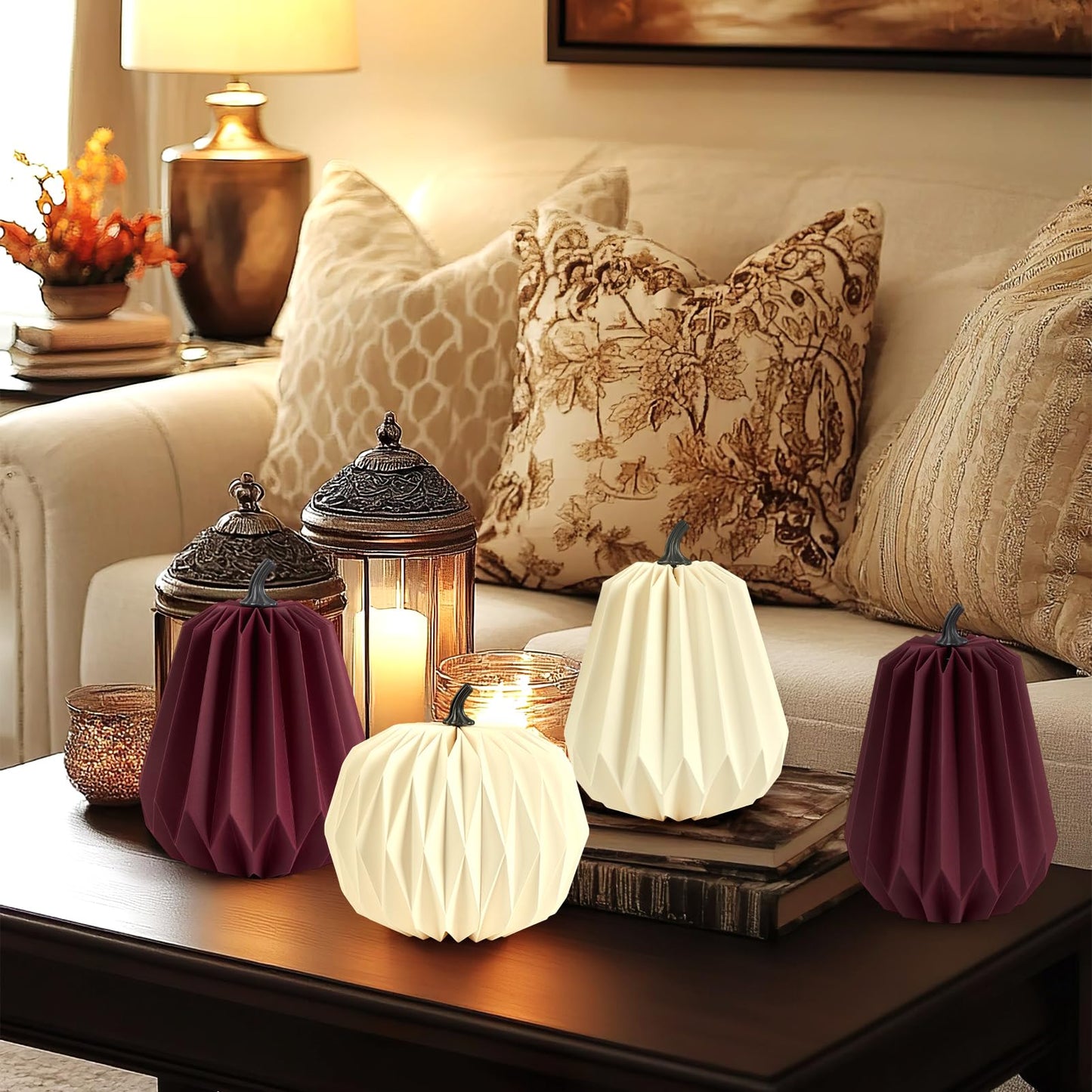 4Pcs Paper Pumpkin Table Decorations, Fall Pumpkin Honeycomb Centerpieces 3D Paper Honeycomb Pumpkins for Thanksgiving Autumn Halloween Home Table Decor (Burgundy and White)