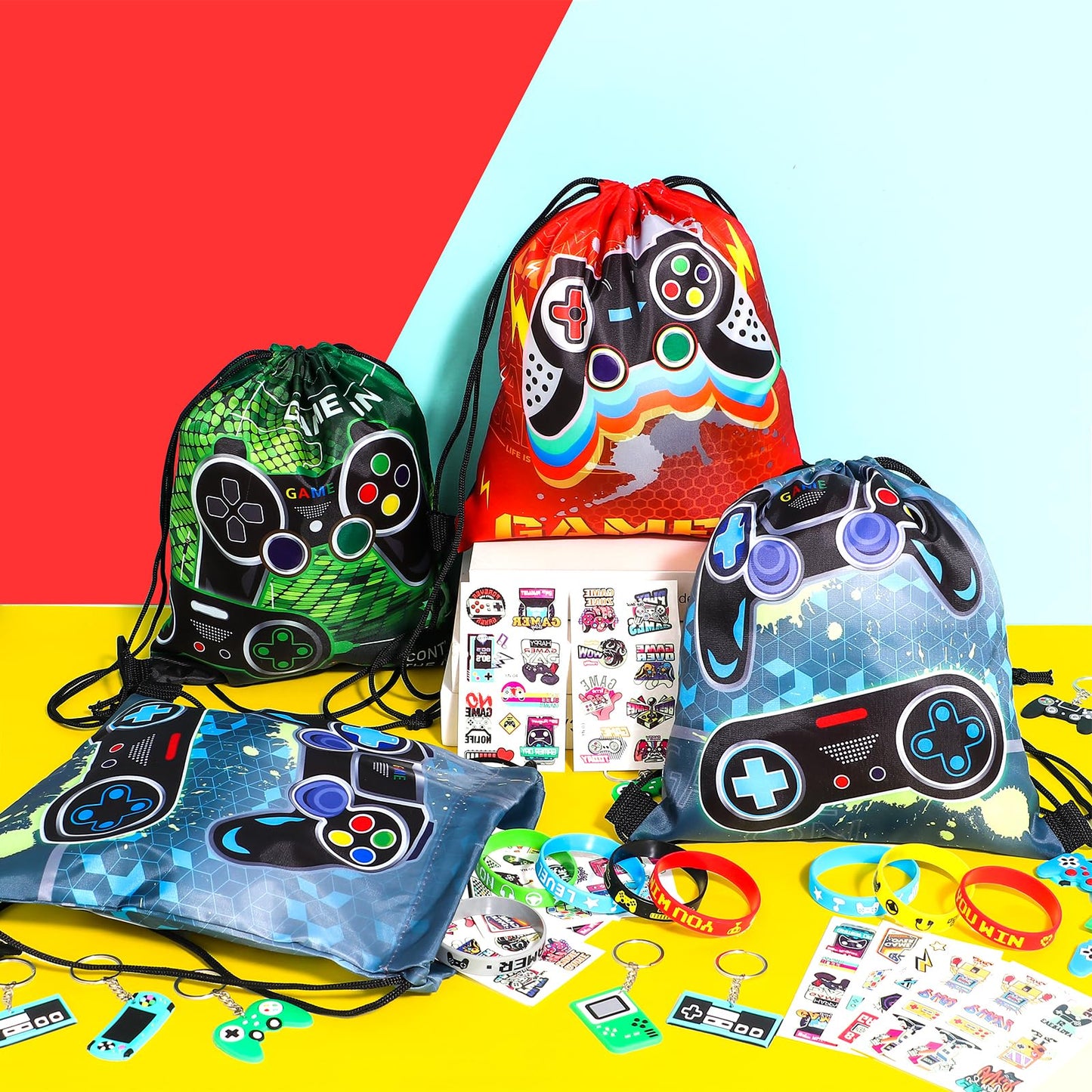 Winrayk 12 Sets Video Game Party Favors Gamer Birthday Supplies, Gaming Drawstring Bag Silicone Wristband Glow In The Dark Tattoos Keychain, Kid Game On Goodie Bag Stuffers Gamer Party favors Supplies