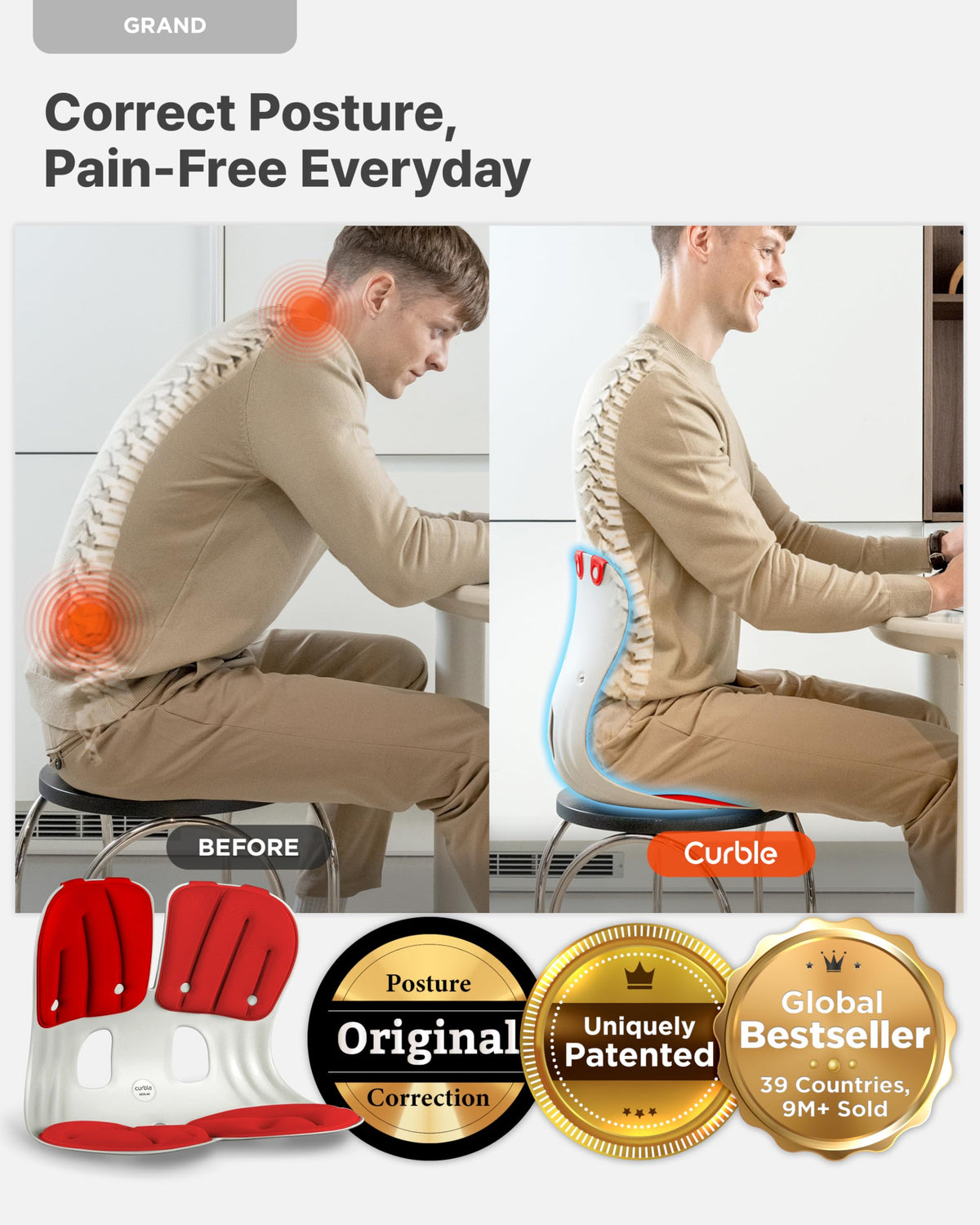 curble Grand(Extra Wide & Sturdy) – Ergonomic Back and Lumbar Support for Good Posture Correction and Back Pain Relief, Perfect for Office, Floor Seat, and Work from Home, Patented (Red)