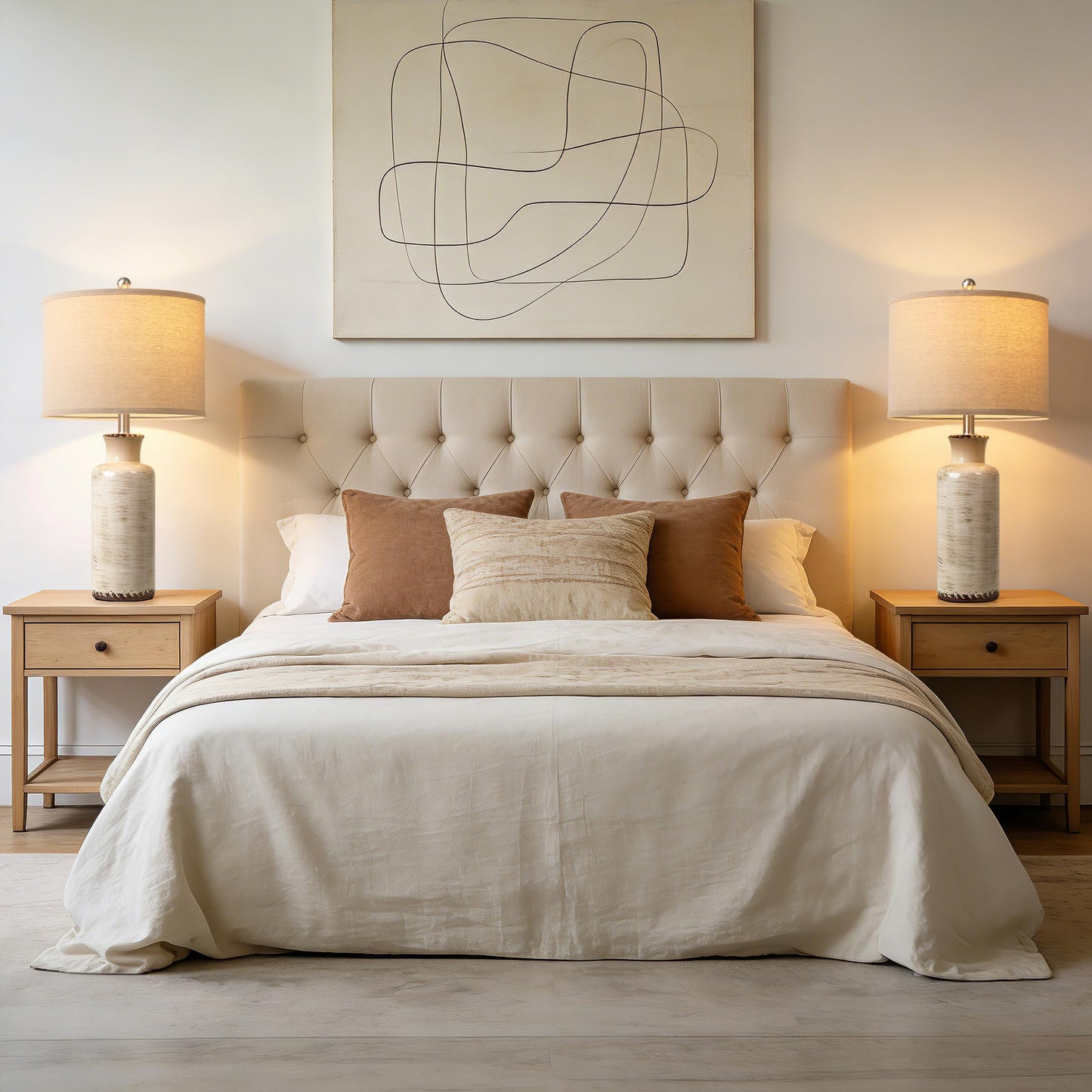 QiMH 25" Modern Lamps for Living Room, Unique Flowing Glazes Ceramic Table Lamp Set of 2 with Linen Lampshade, Beige Rustic Farmhouse Beside Lamps for Bedroom Nightstand Home Decor(Bulb Included)