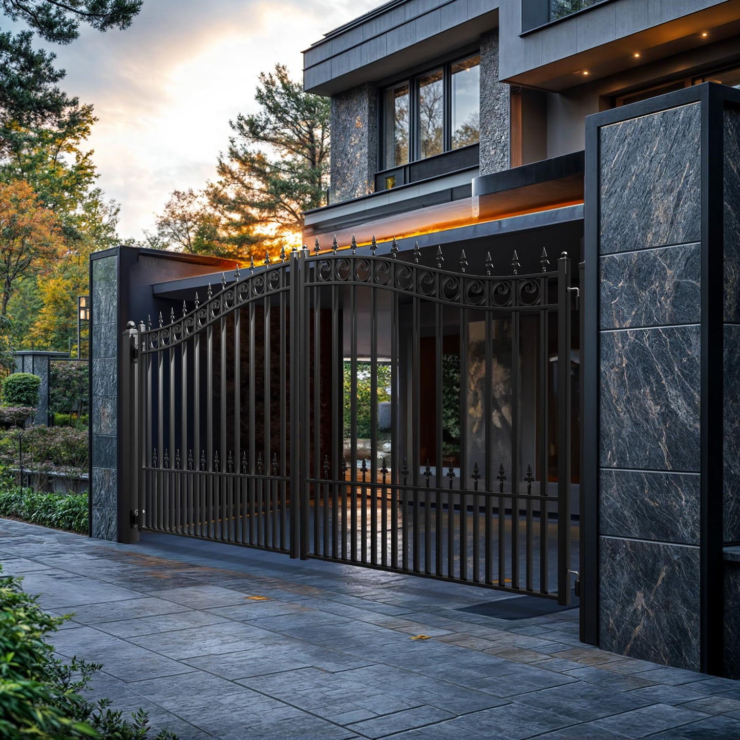 ZUMI Dual Swing Driveway Gates, 12x6 ft. Outdoor Steel Swing Gates for Driveway, Heavy-Duty Driveway Fence Gates for Home Security, Weatherproof Iron Security Gate Kit for Outdoor, Sydney Style